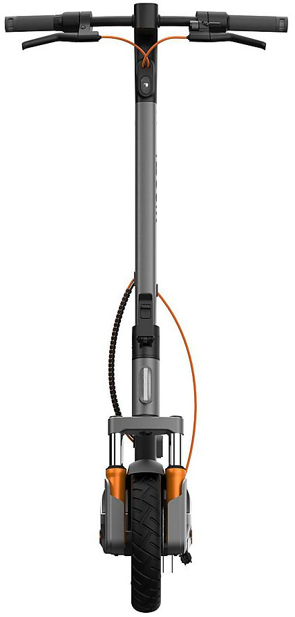 Monopattino elettrico grigio con accenti arancioni e ruota nera.