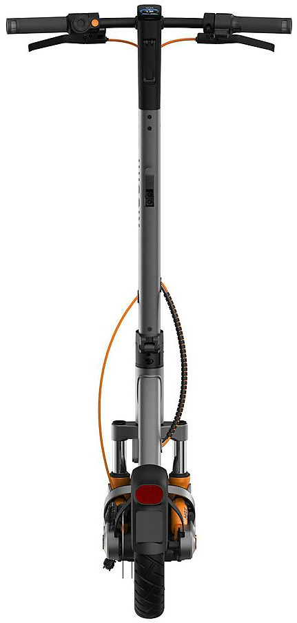 Un monopattino elettrico grigio con accenti arancioni e manubrio nero.