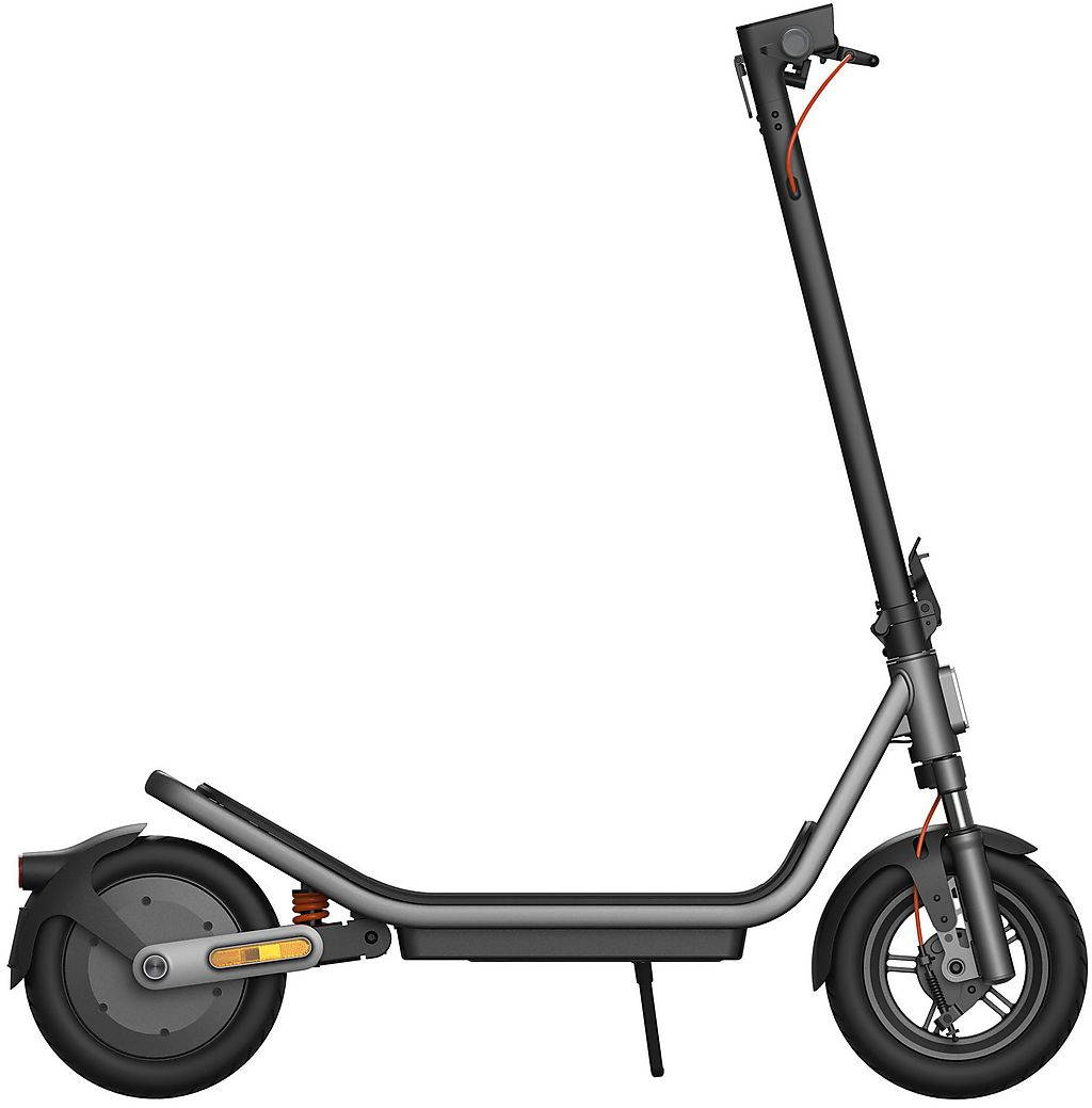 Ein grauer Elektroroller mit schwarzen Rädern und orangefarbenen Akzenten.