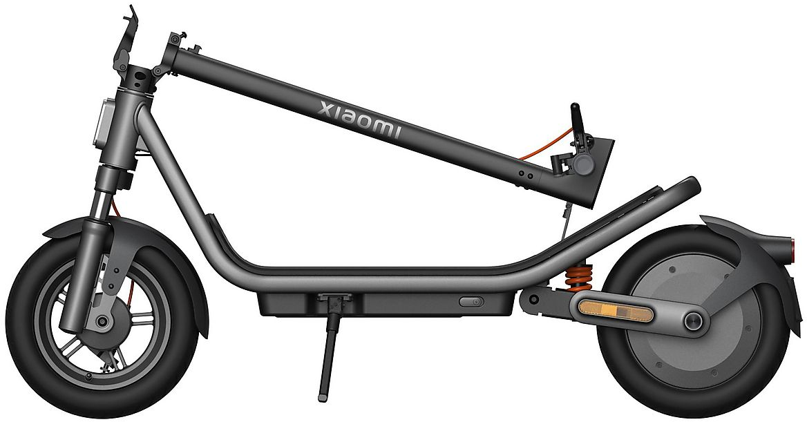 Ein graues Xiaomi E-Scooter-Modell mit Felgen und Federung.