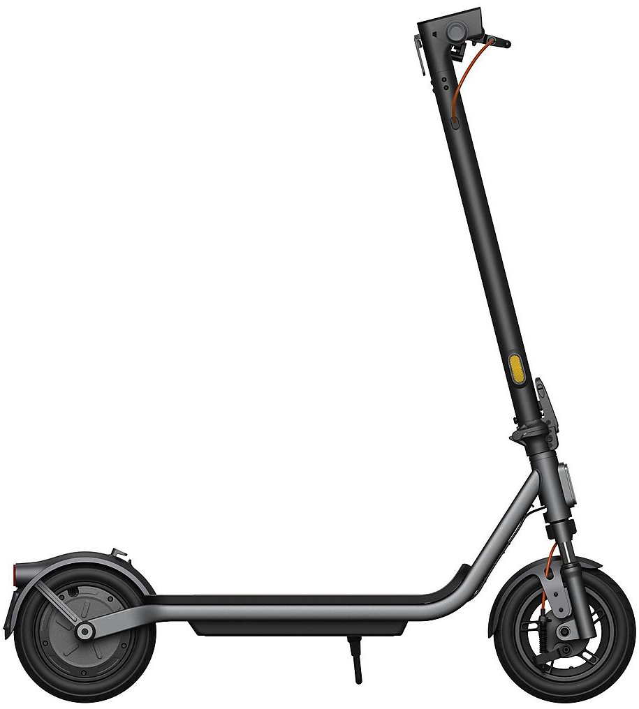 Un scooter électrique gris avec des roues noires et un plateau étroit.
