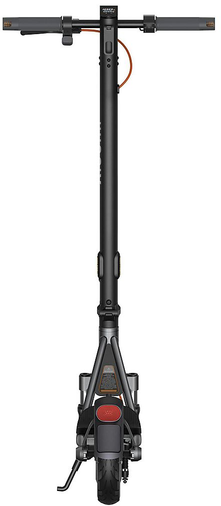 Trottinette électrique noire avec guidon, écran, freins et feu arrière.