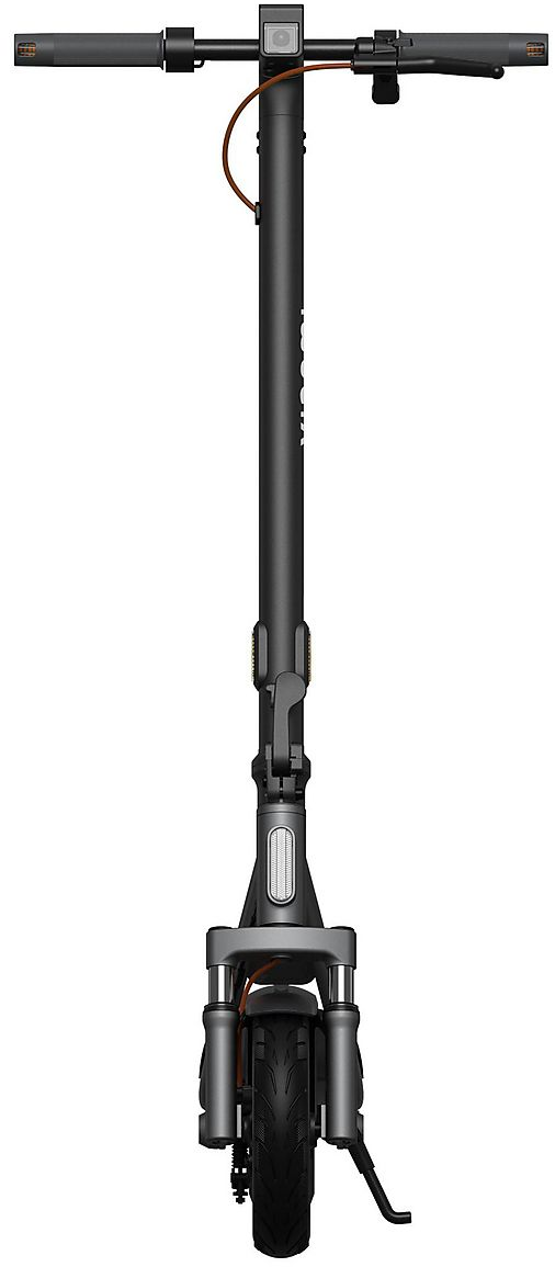Trottinette électrique noire vue de face, avec guidon, caméra et roue.
