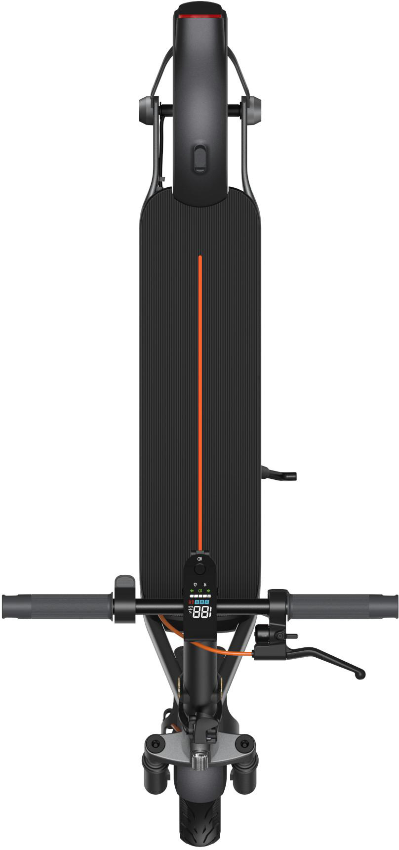 Vue de dessus d'un scooter électrique noir avec une bande orange et un écran.