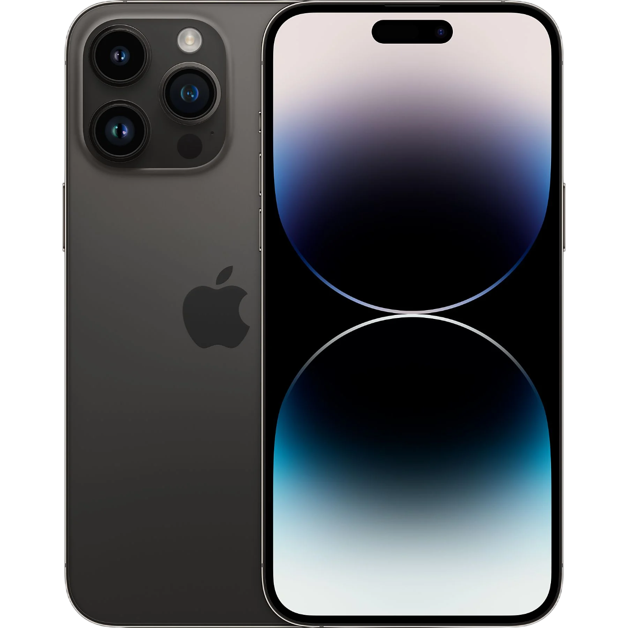 Koyu gri iPhone 14 Pro, 3 arka kamerası ve aydınlık ekranı var.