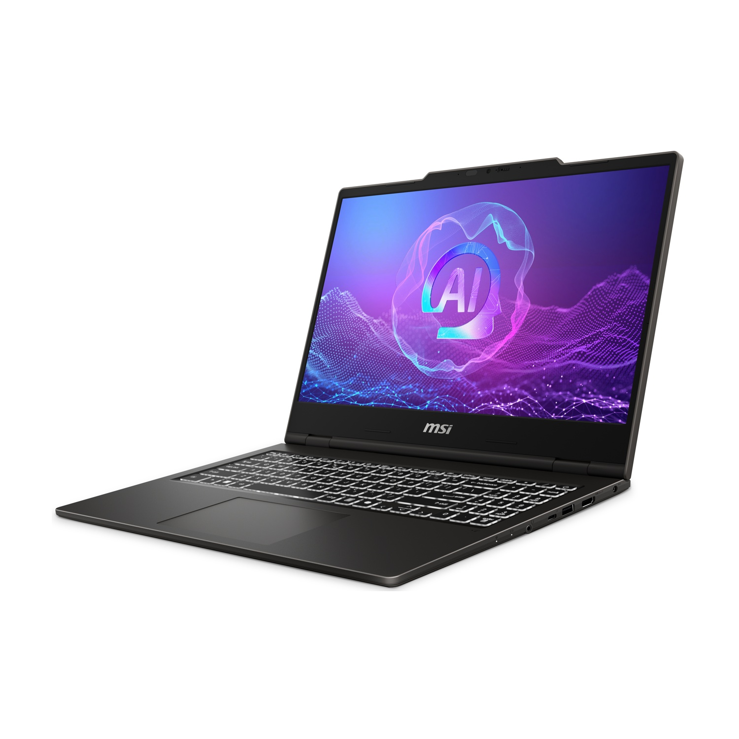 Laptop MSI nero con tastiera illuminata e schermo che mostra grafica AI.