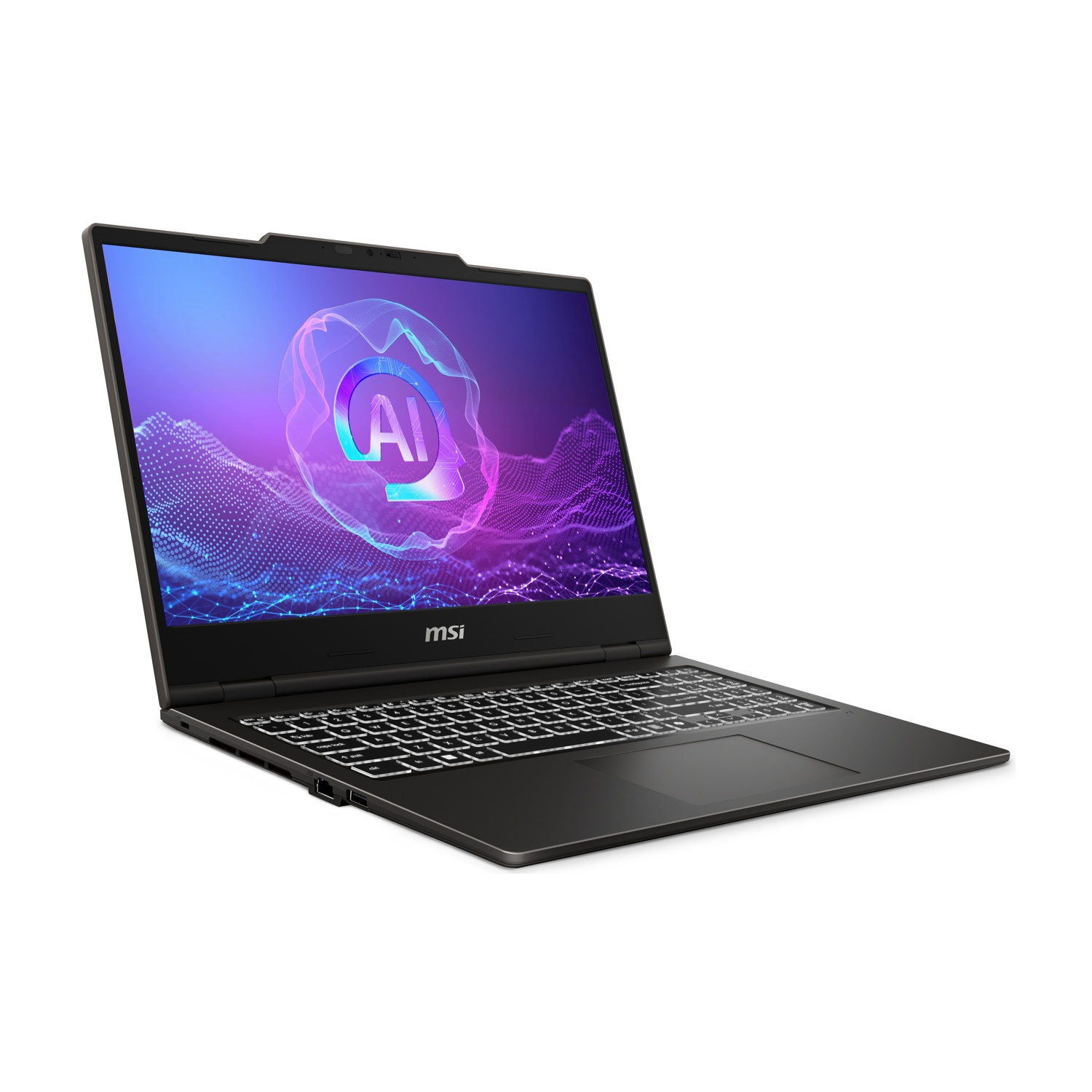 Laptop nero con grafica AI vibrante sullo schermo.