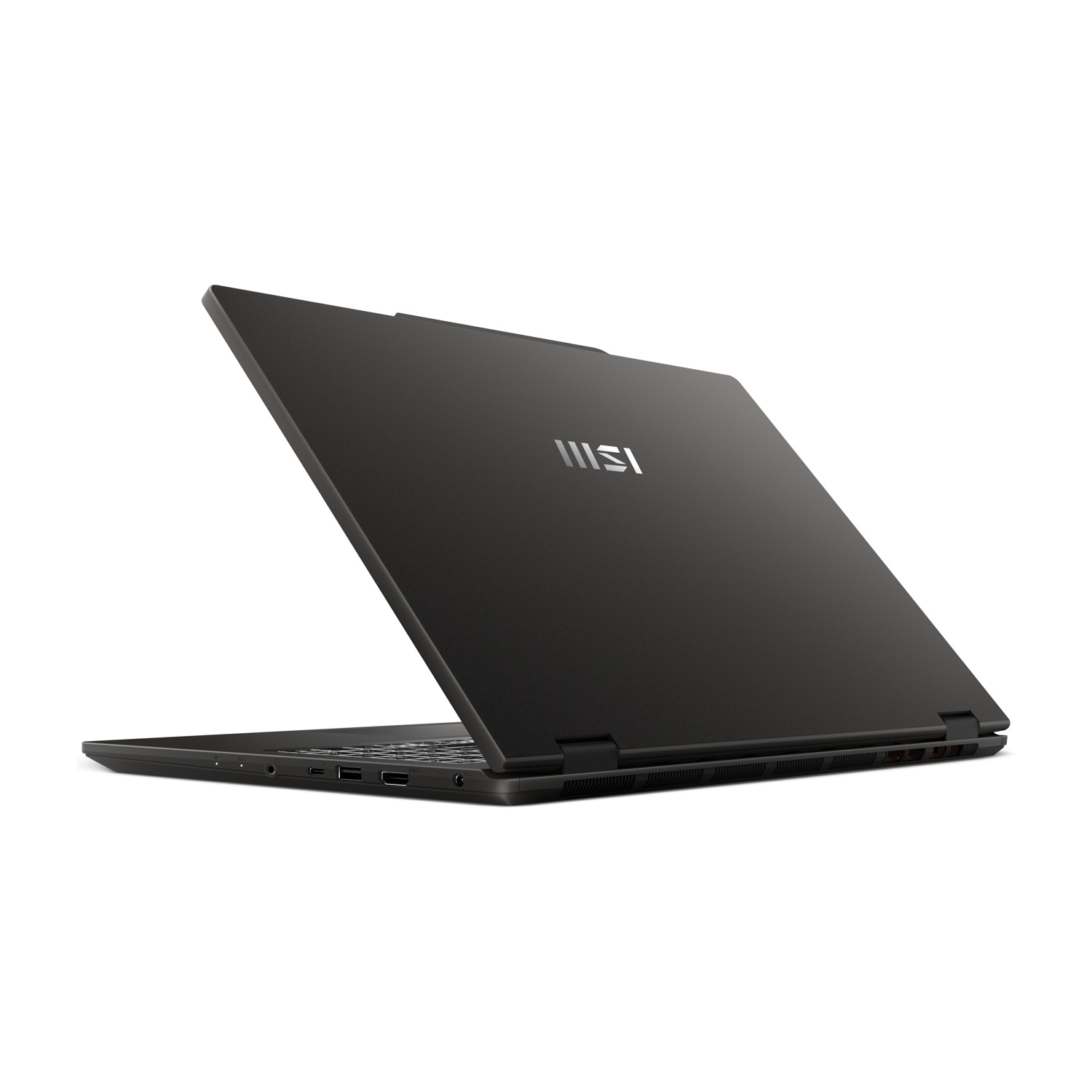 Un laptop nero chiuso con logo MSI sul coperchio, visto di lato.