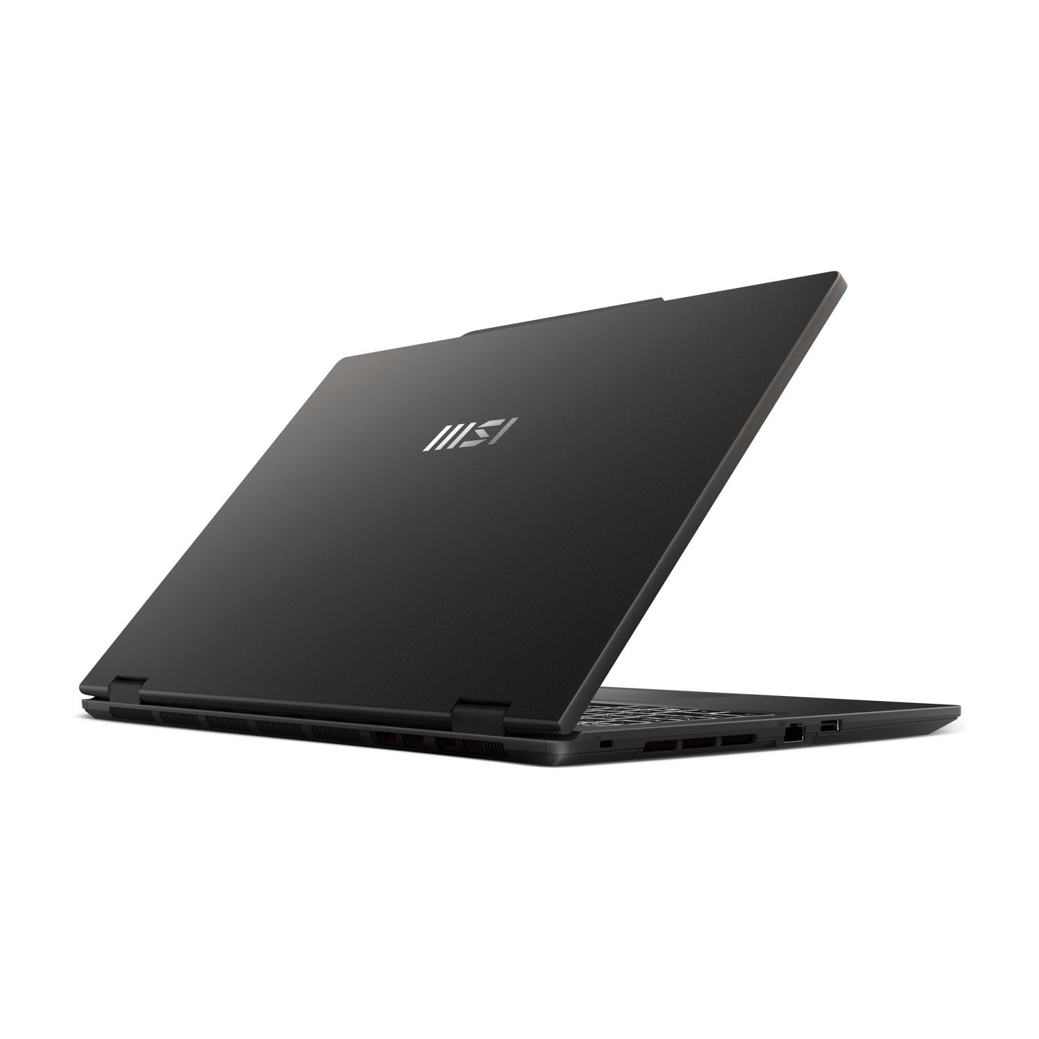 Laptop MSI nero con coperchio aperto, su sfondo bianco.