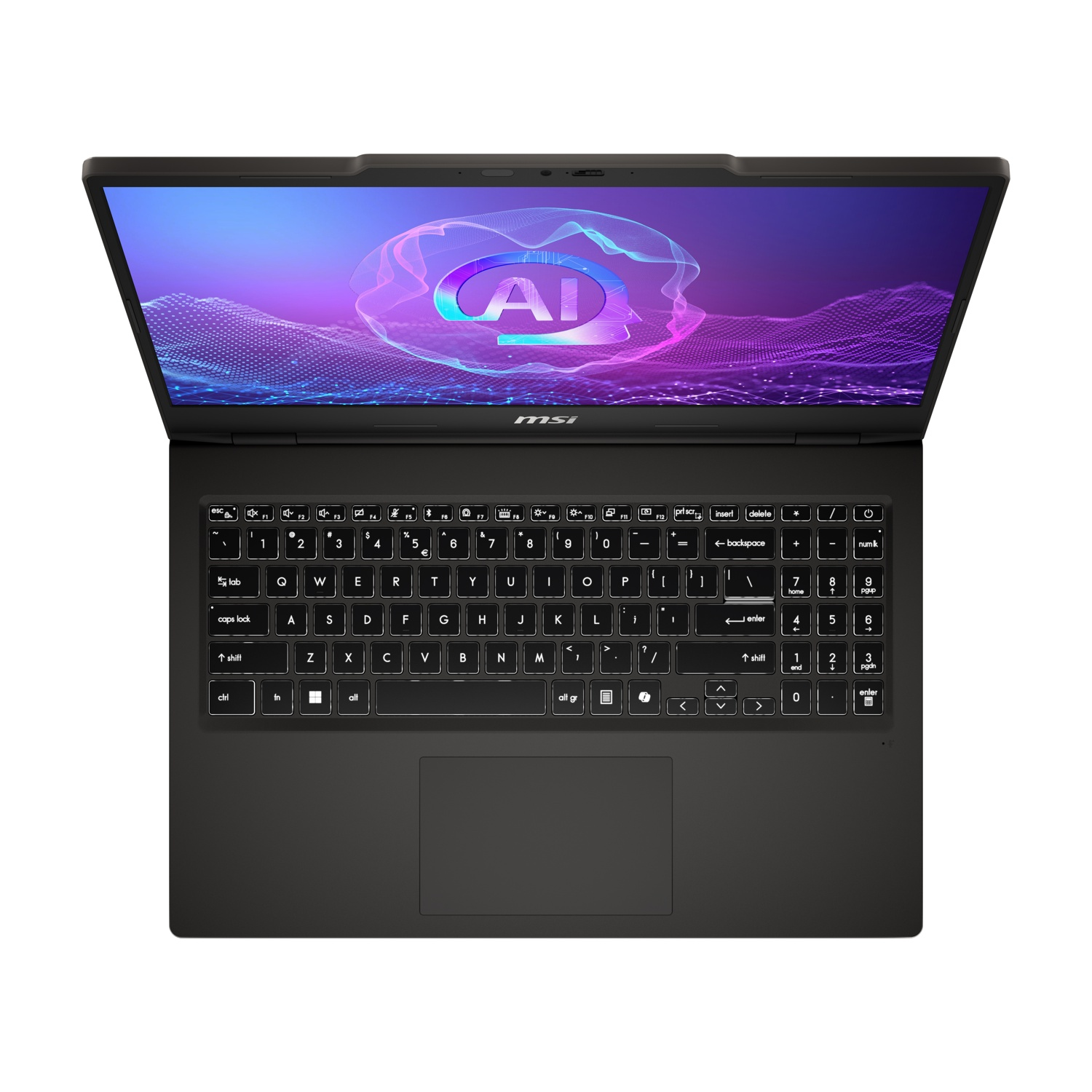Un laptop nero con tastiera illuminata e logo AI sullo schermo.