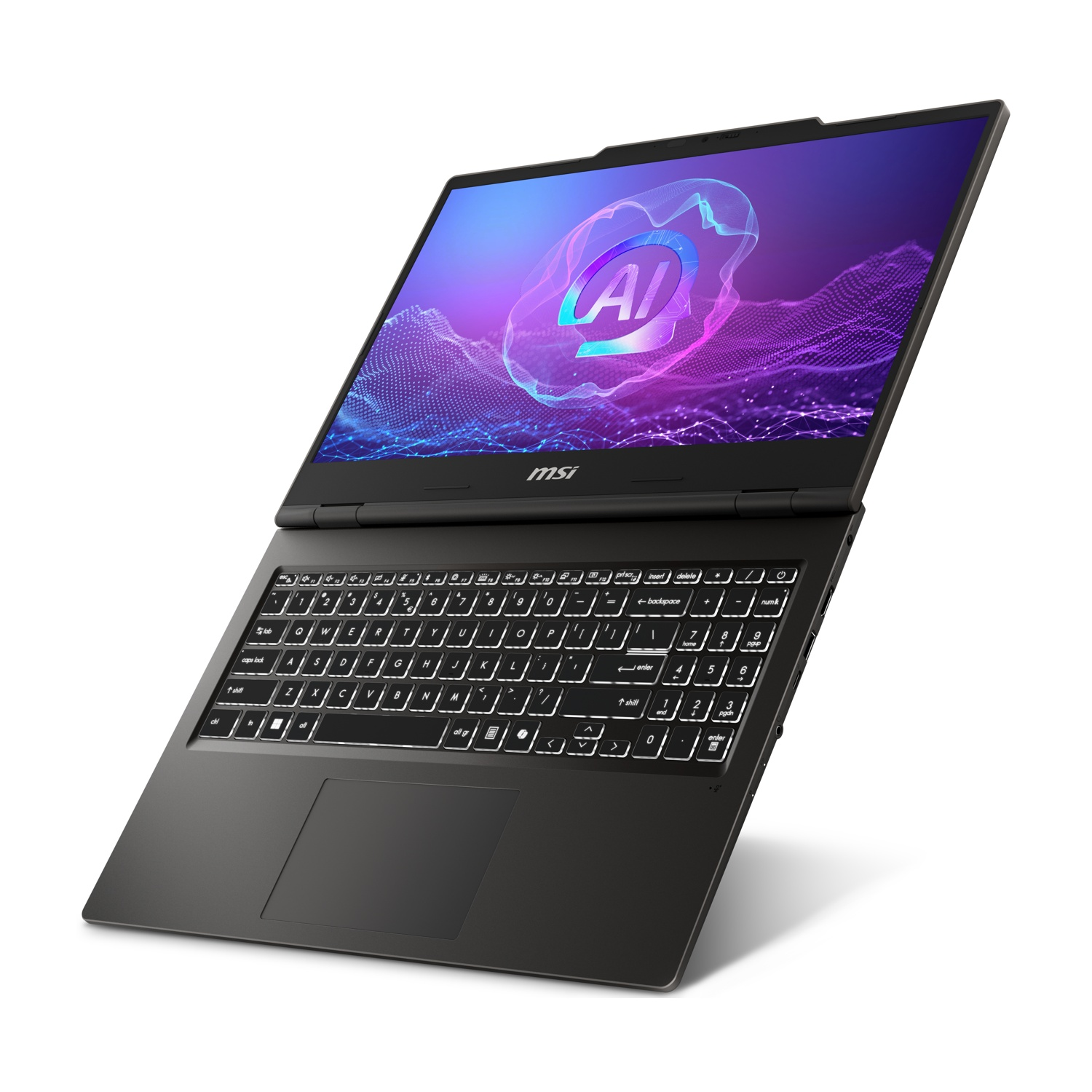 Un laptop nero con tastiera retroilluminata e logo AI sullo schermo.