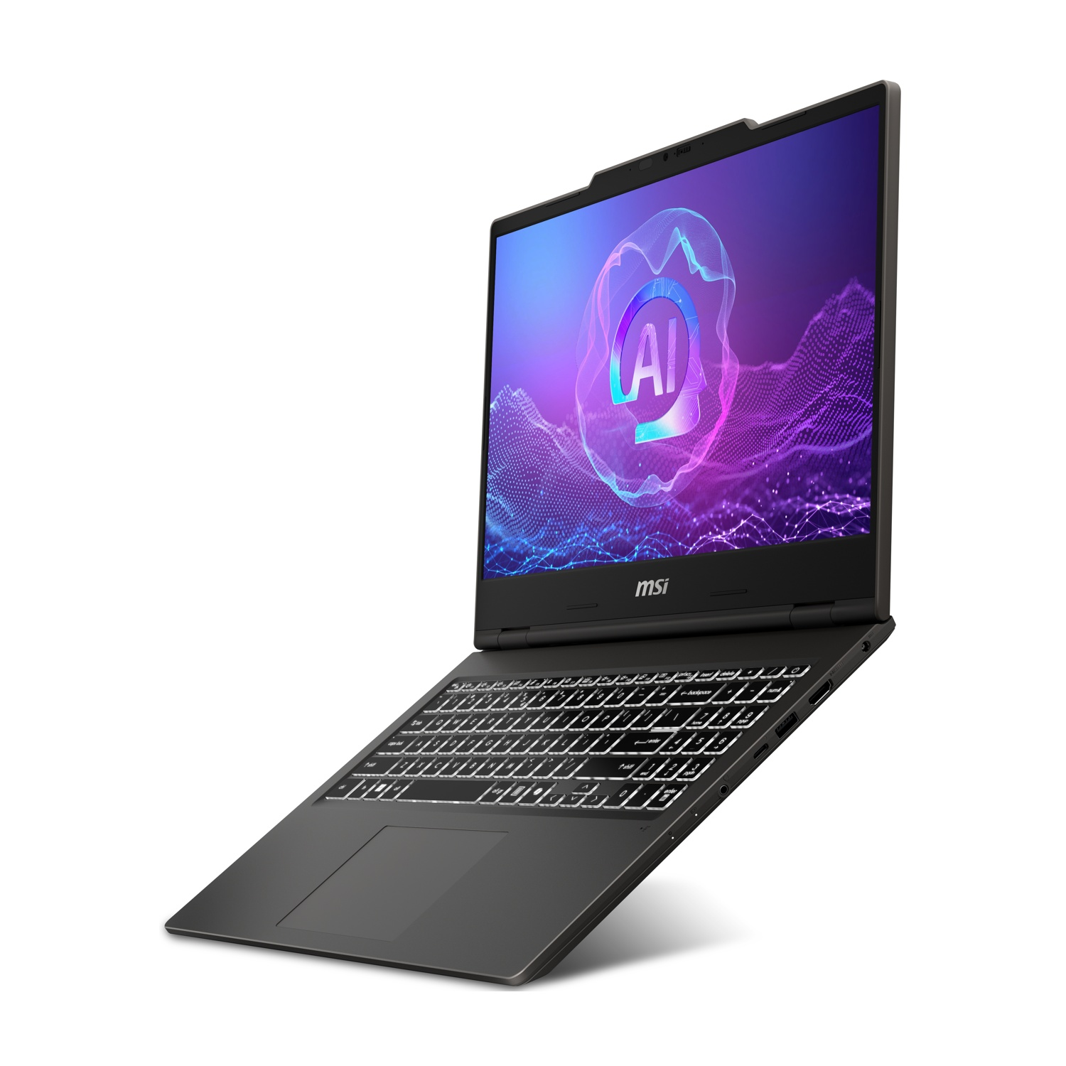 Laptop nero con tastiera illuminata e logo AI sullo schermo.