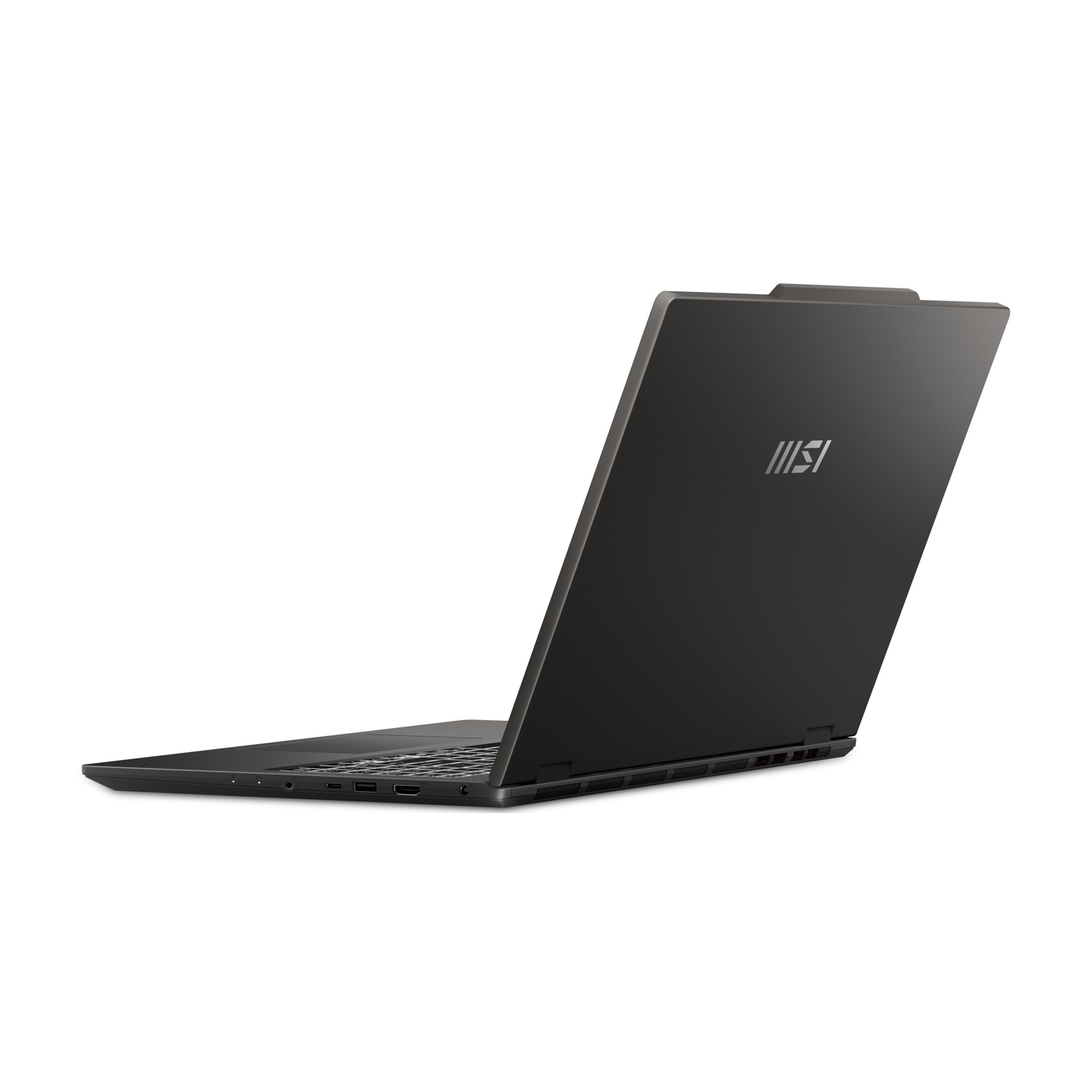 Un laptop MSI scuro è aperto, visto di lato con porte visibili sul bordo.
