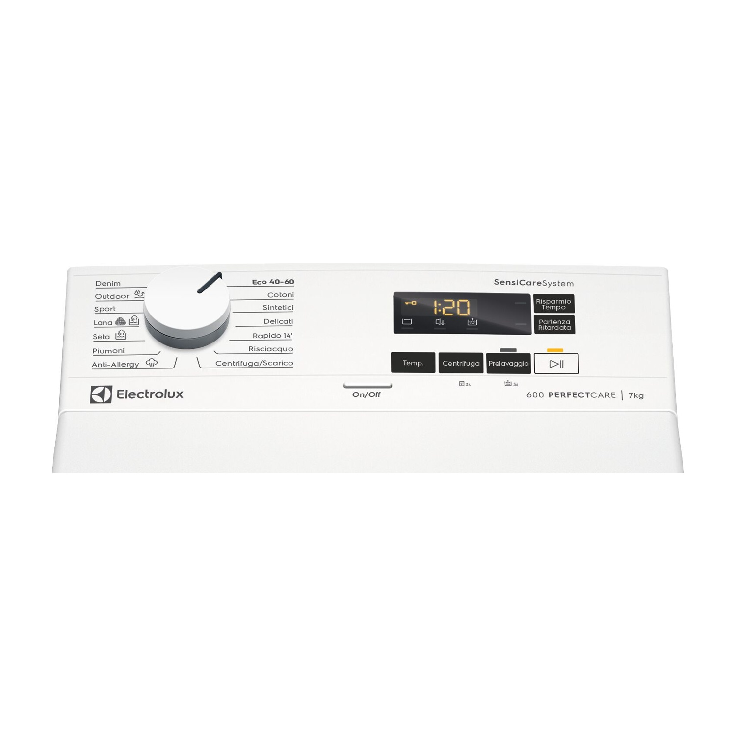 Pannello di controllo di una lavatrice Electrolux bianca con selezione programmi.