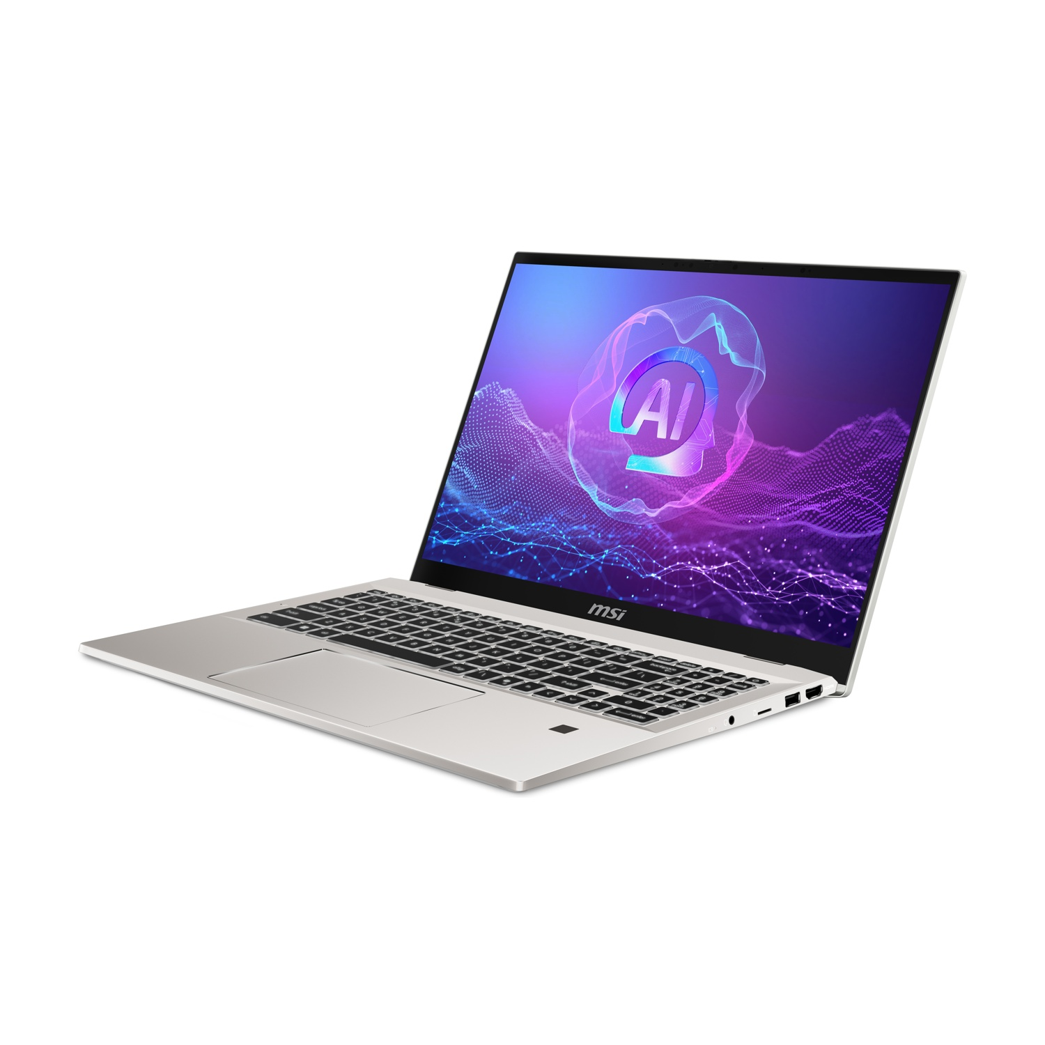 Un laptop argentato con grafica IA sullo schermo.