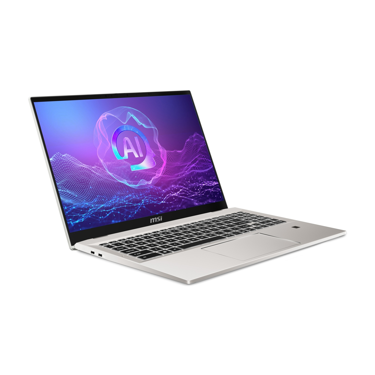 Un elegante laptop MSI argentato con logo AI sullo schermo.