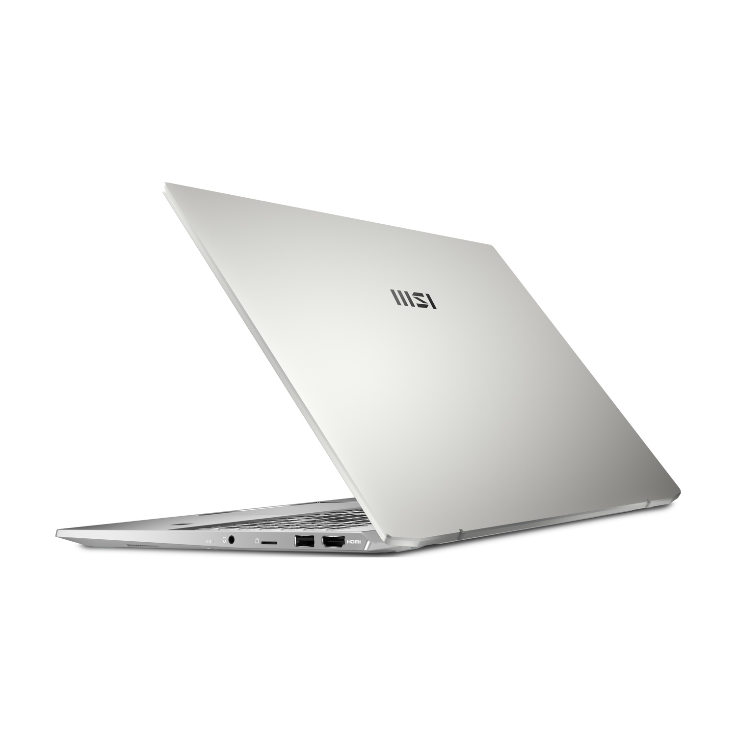 Un laptop argento con il coperchio aperto, porte sul lato.