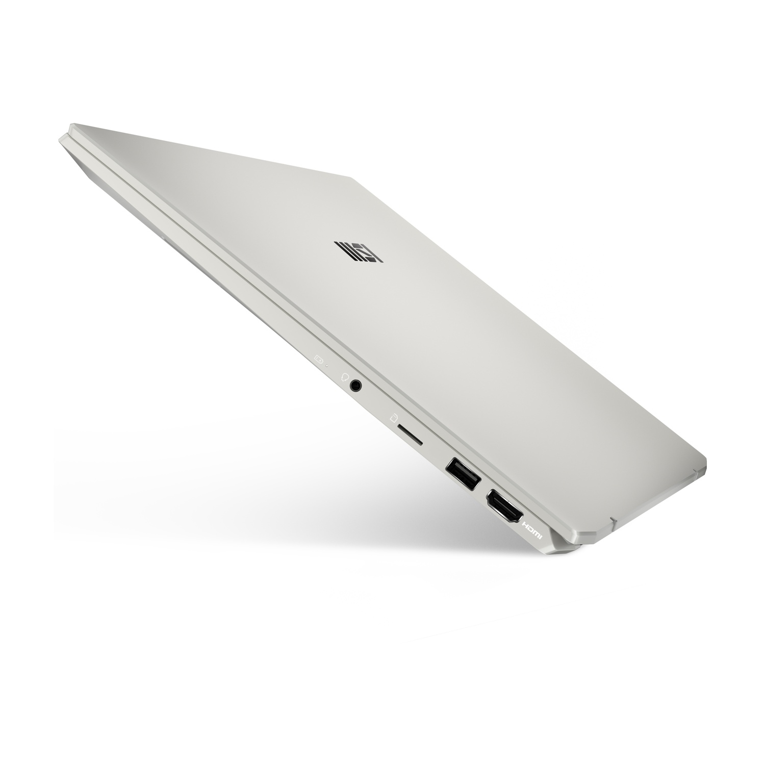 Un laptop MSI grigio chiaro ed elegante visto di profilo con porte.