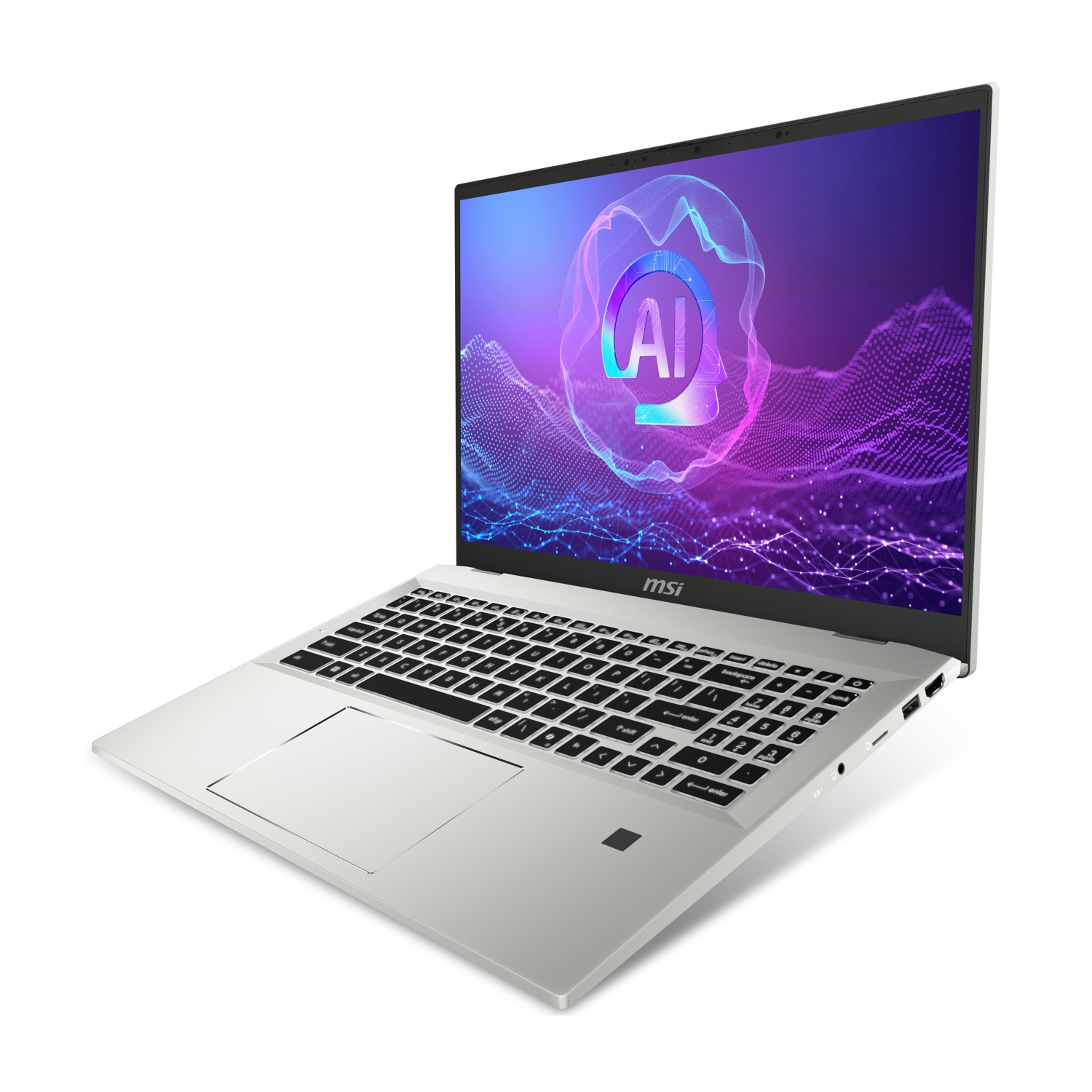 Un laptop MSI argentato con grafica AI sullo schermo.
