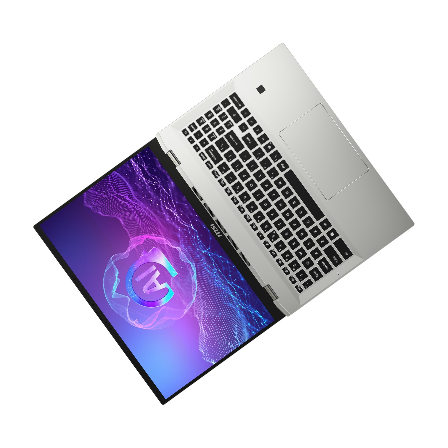 Laptop argentato con logo AI illuminato sullo schermo.