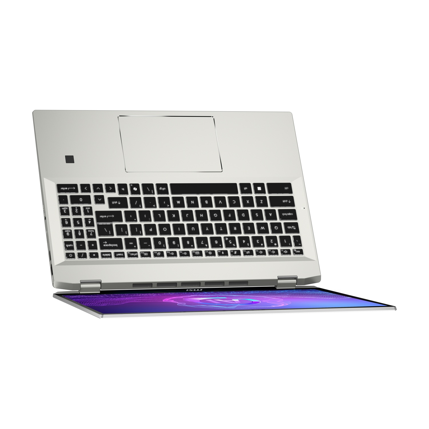 Un laptop argento aperto con tastiera e schermo luminoso.