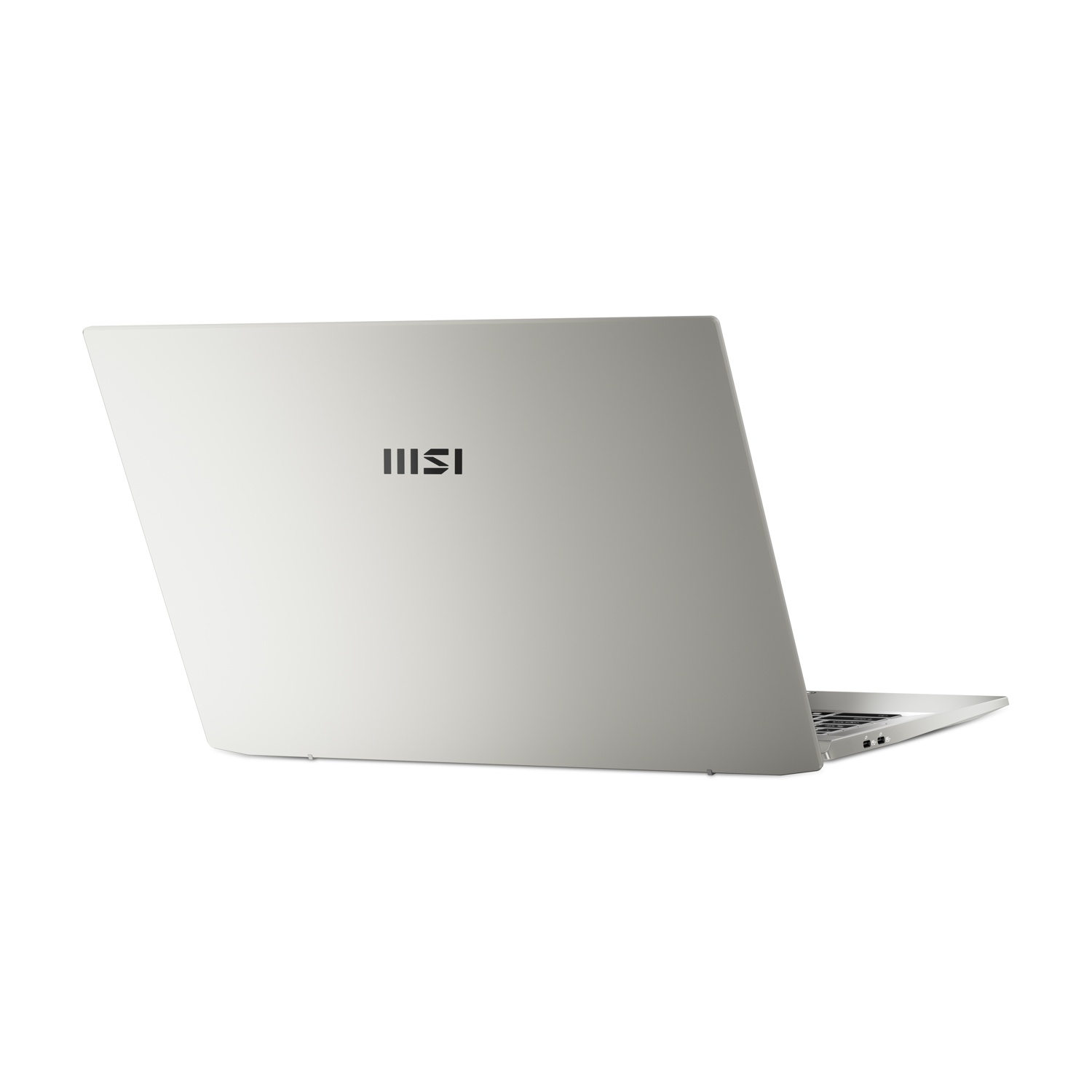 Un laptop argento con logo MSI sul retro, visto da dietro.