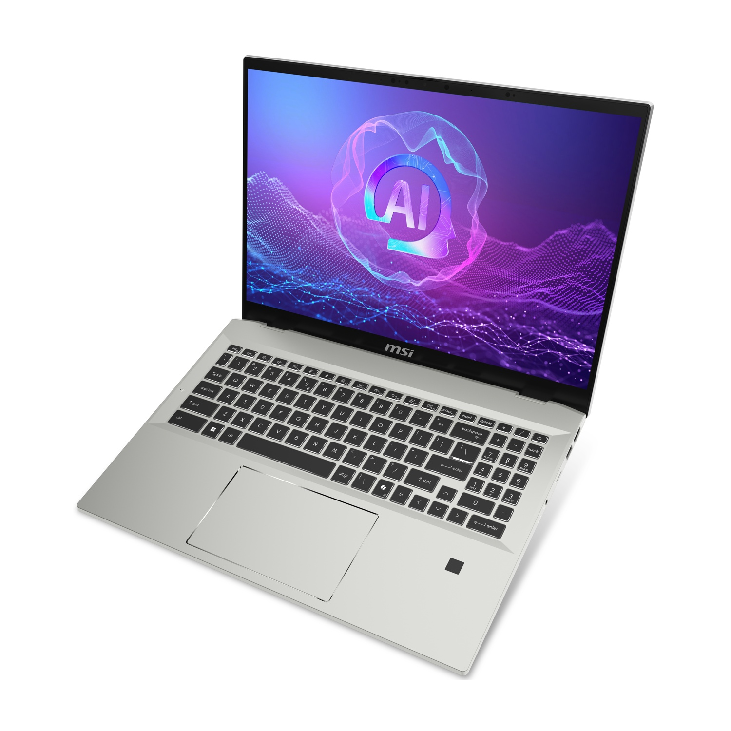 Un laptop argentato con logo AI sullo schermo su sfondo bianco.