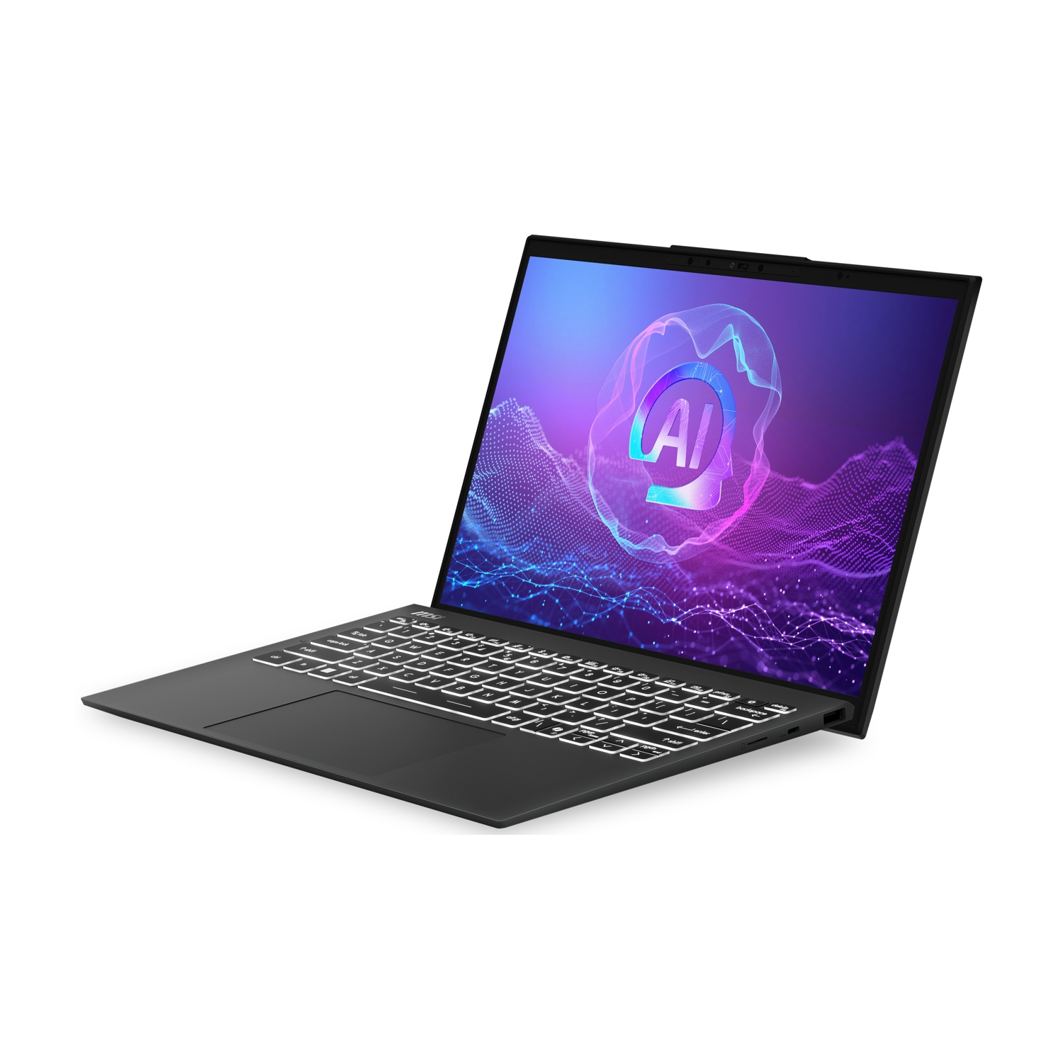 Laptop nero con tastiera illuminata e grafica AI sullo schermo.