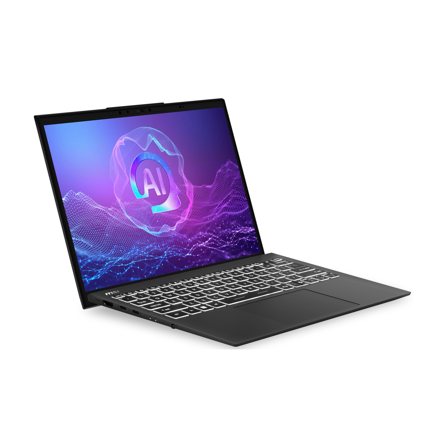 Un laptop nero con tastiera retroilluminata e logo AI sullo schermo.