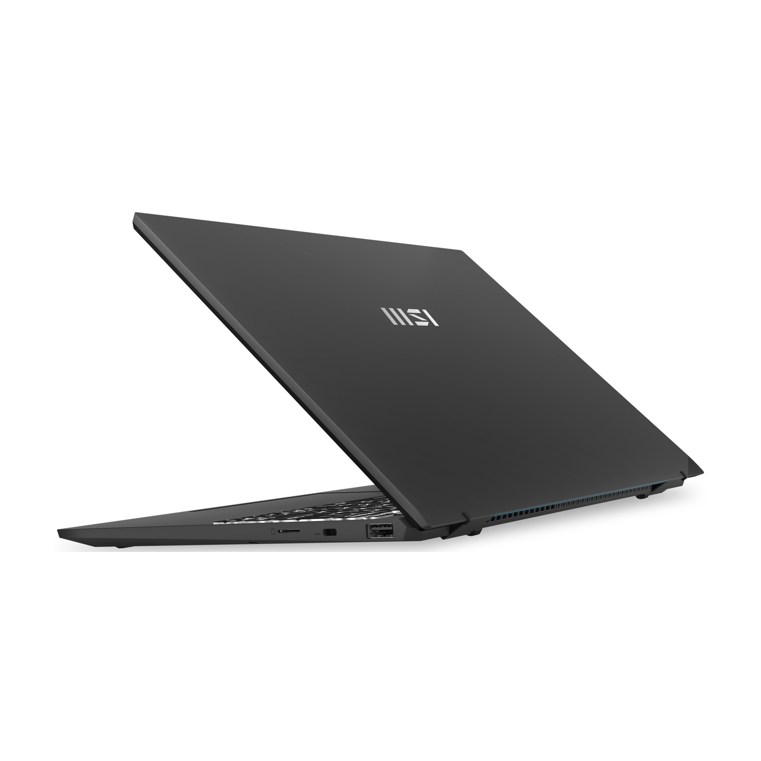 Un laptop nero aperto con il logo MSI sul coperchio.