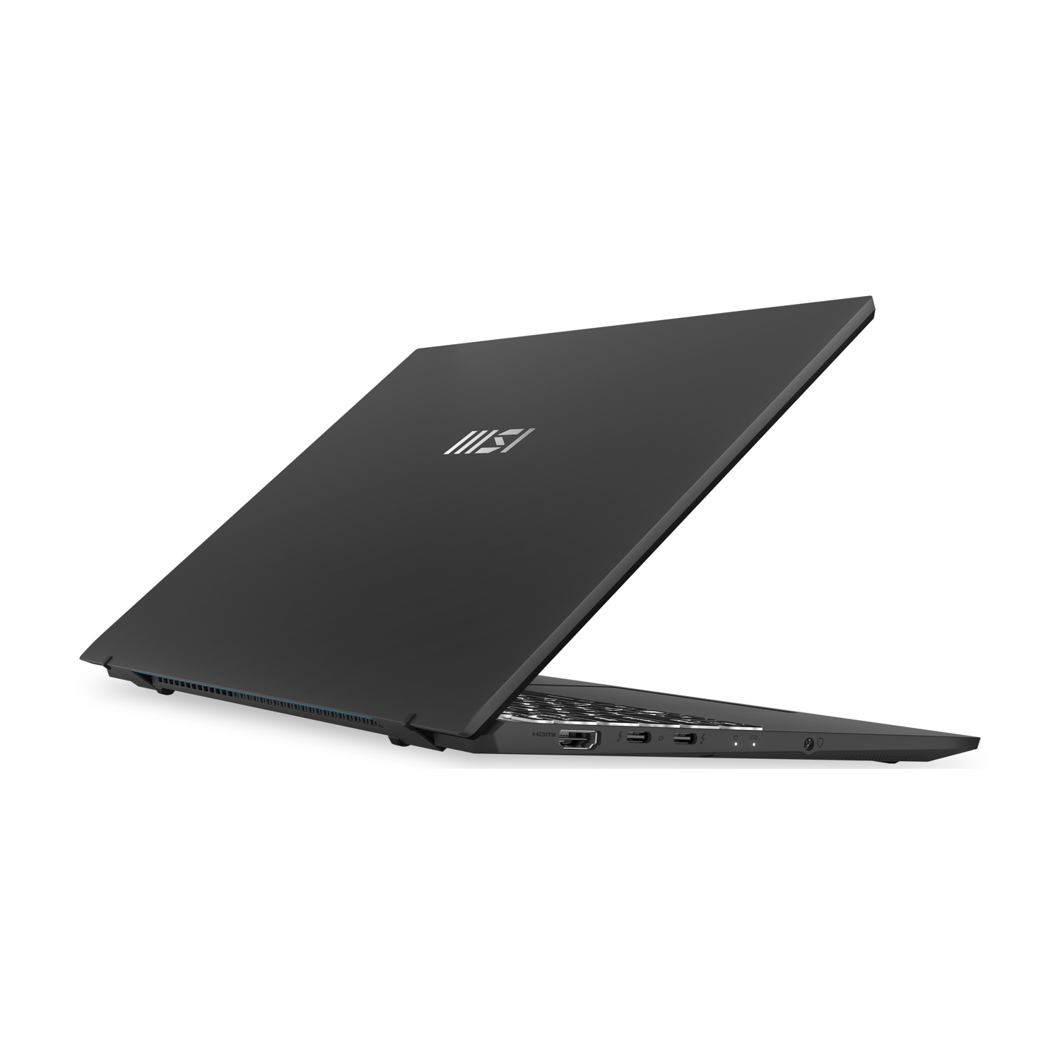 Laptop nero con coperchio aperto, porte HDMI e USB visibili.
