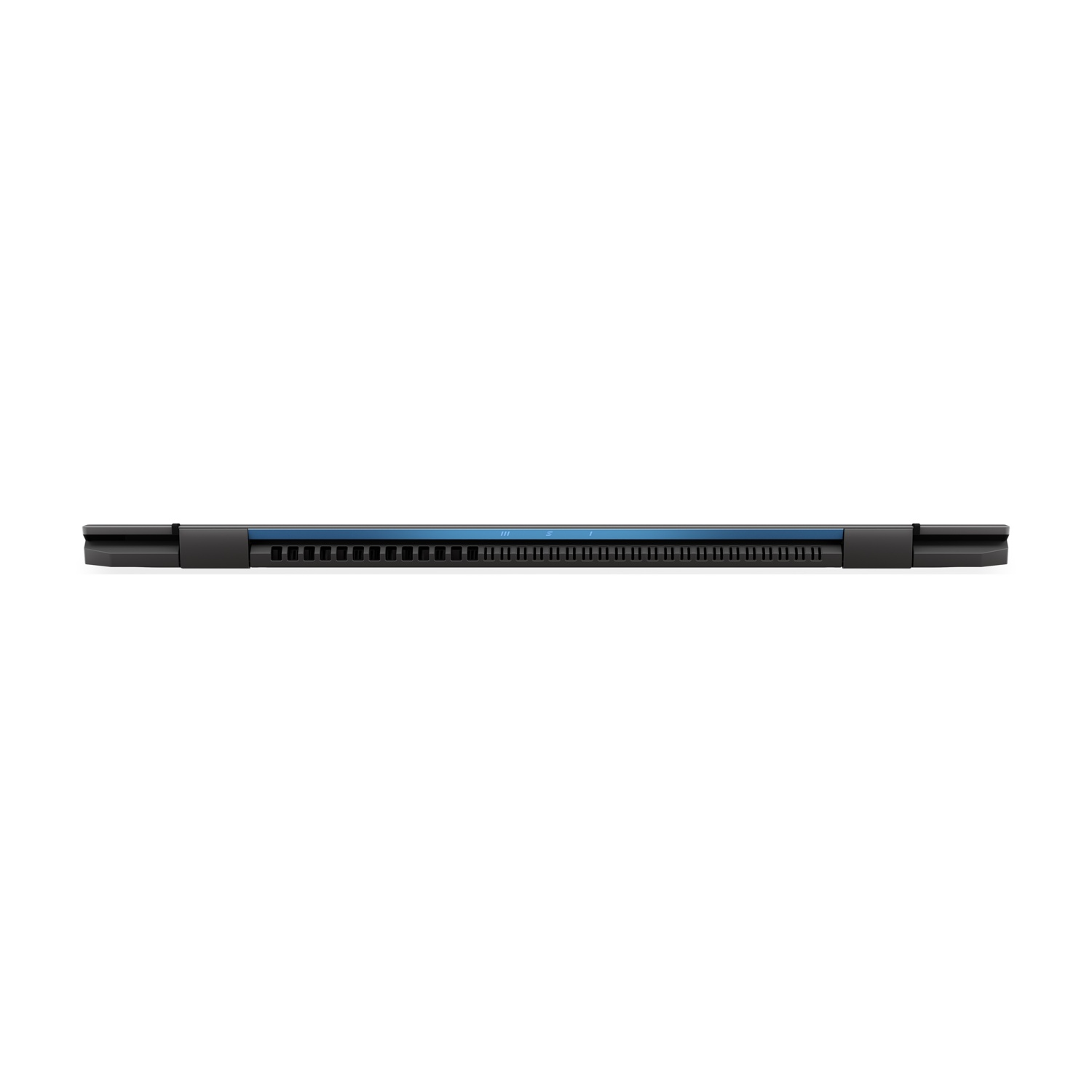 Un laptop nero con una ventola blu sul retro.