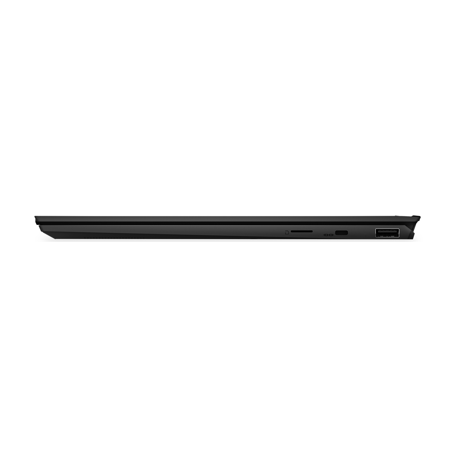 Vista laterale del laptop nero con slot USB e SD.