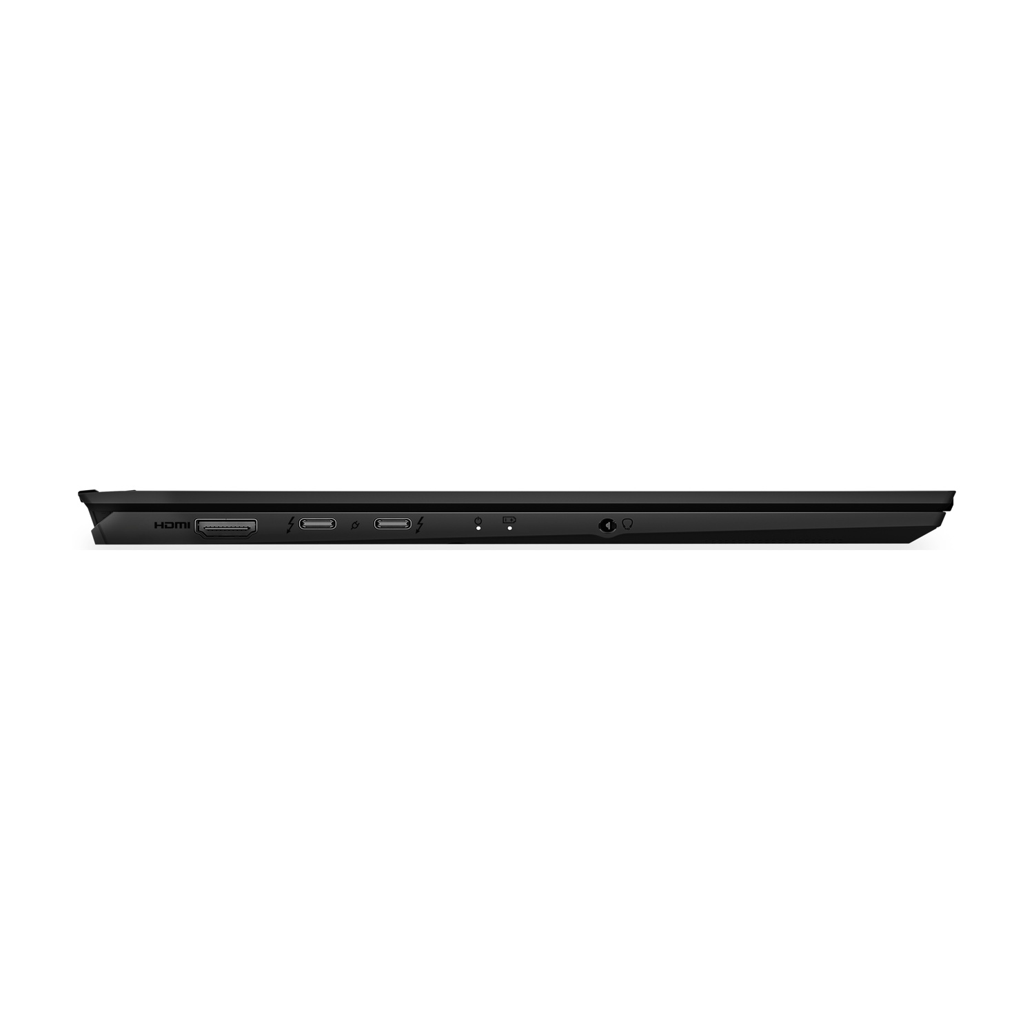 Area porte laptop nera con HDMI, due porte Thunderbolt e jack audio.