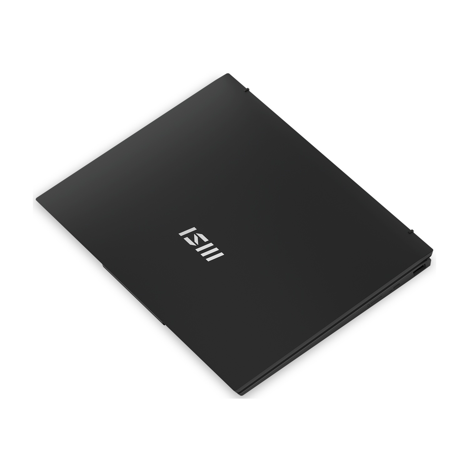Laptop nero chiuso con logo MSI sul coperchio, visto dall'alto.