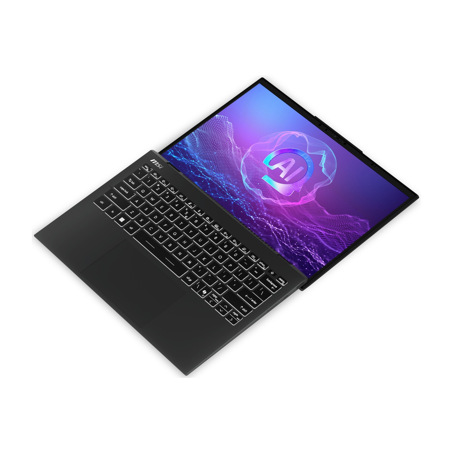 Laptop MSI nero con tastiera retroilluminata e logo AI sullo schermo.