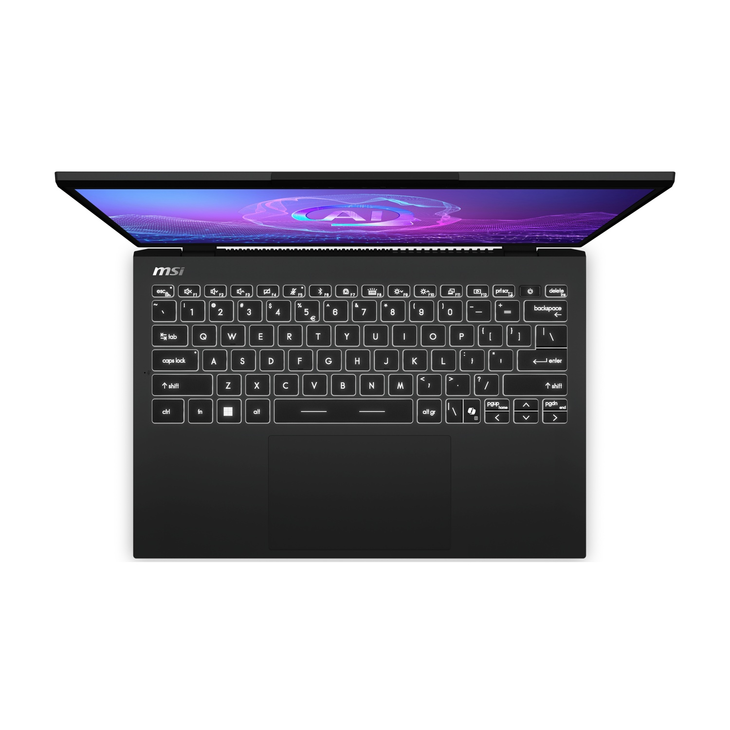 Un laptop MSI nero aperto con tastiera e touchpad su sfondo bianco.