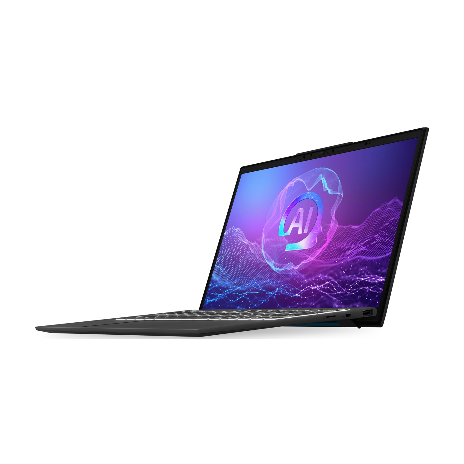 Un laptop aperto e sottile con logo AI sullo schermo.
