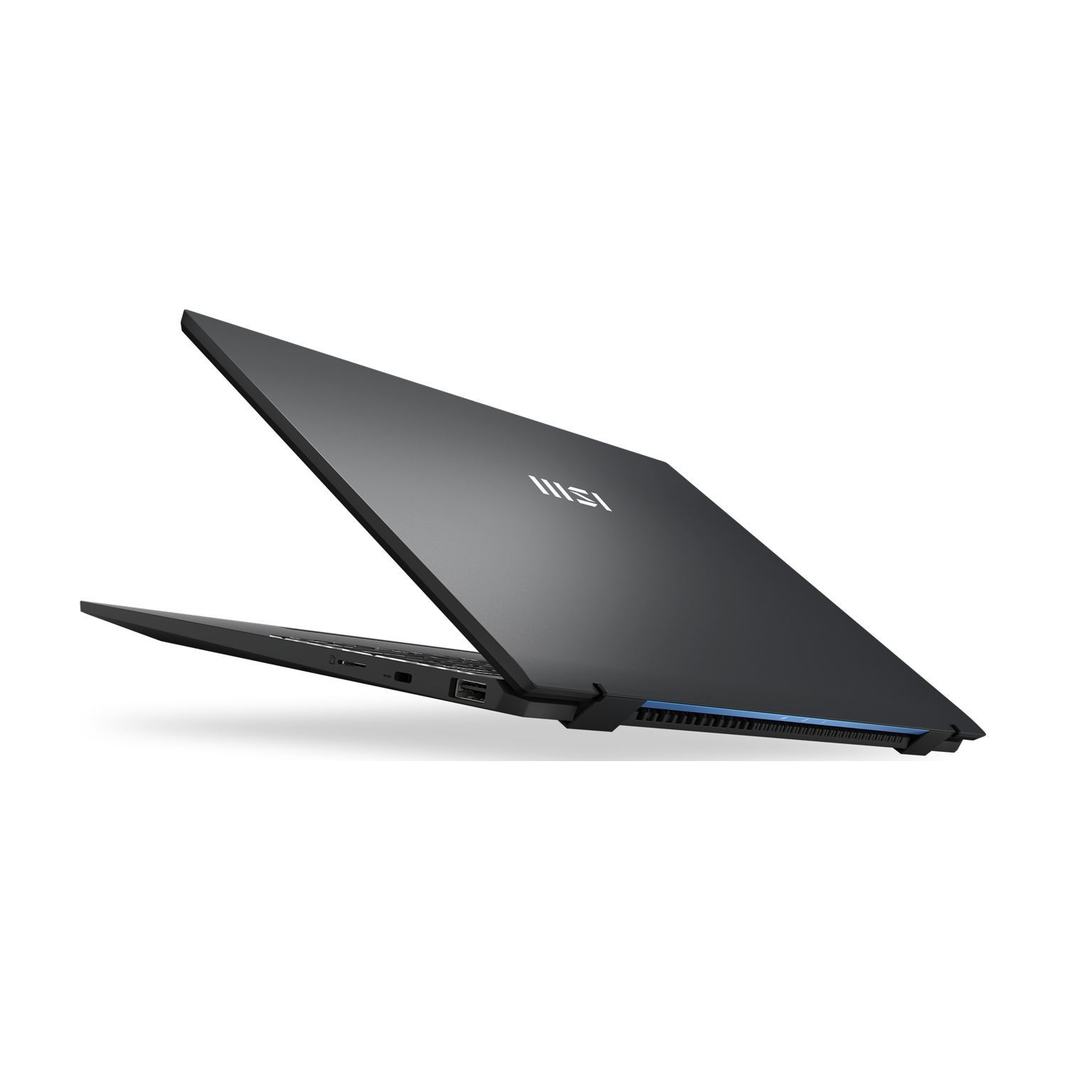 Un laptop nero con il display aperto, visto di lato. Il logo MSI è visibile.