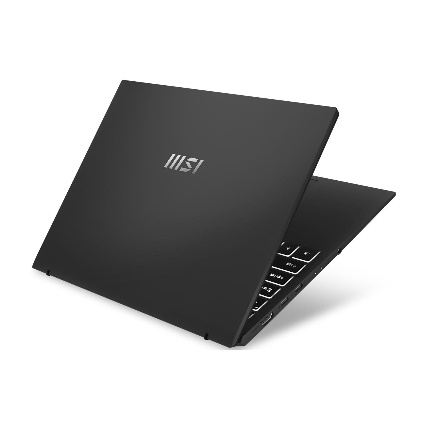 Laptop nero con logo MSI, parzialmente aperto, mostra tastiera e porte.