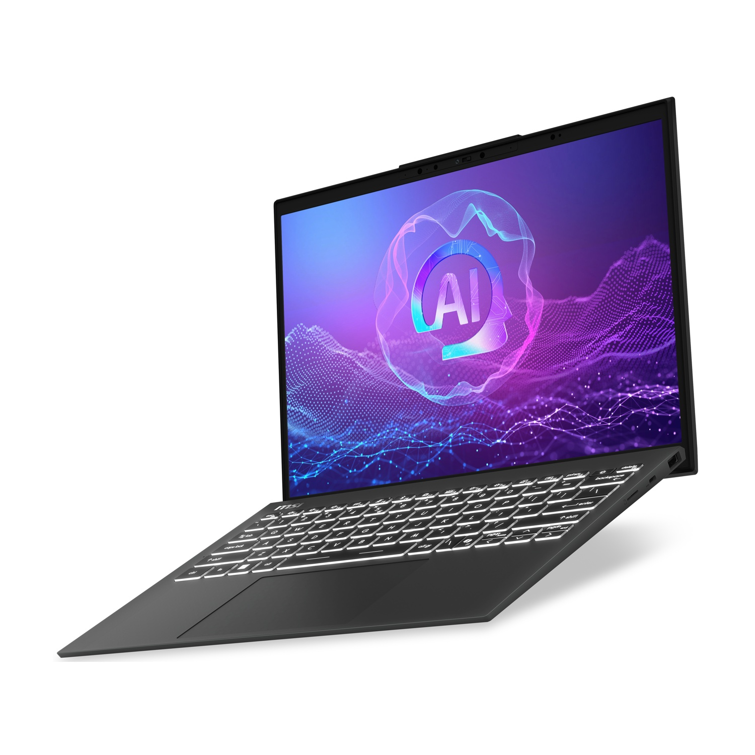 Laptop nero con tastiera illuminata e grafica AI sullo schermo.