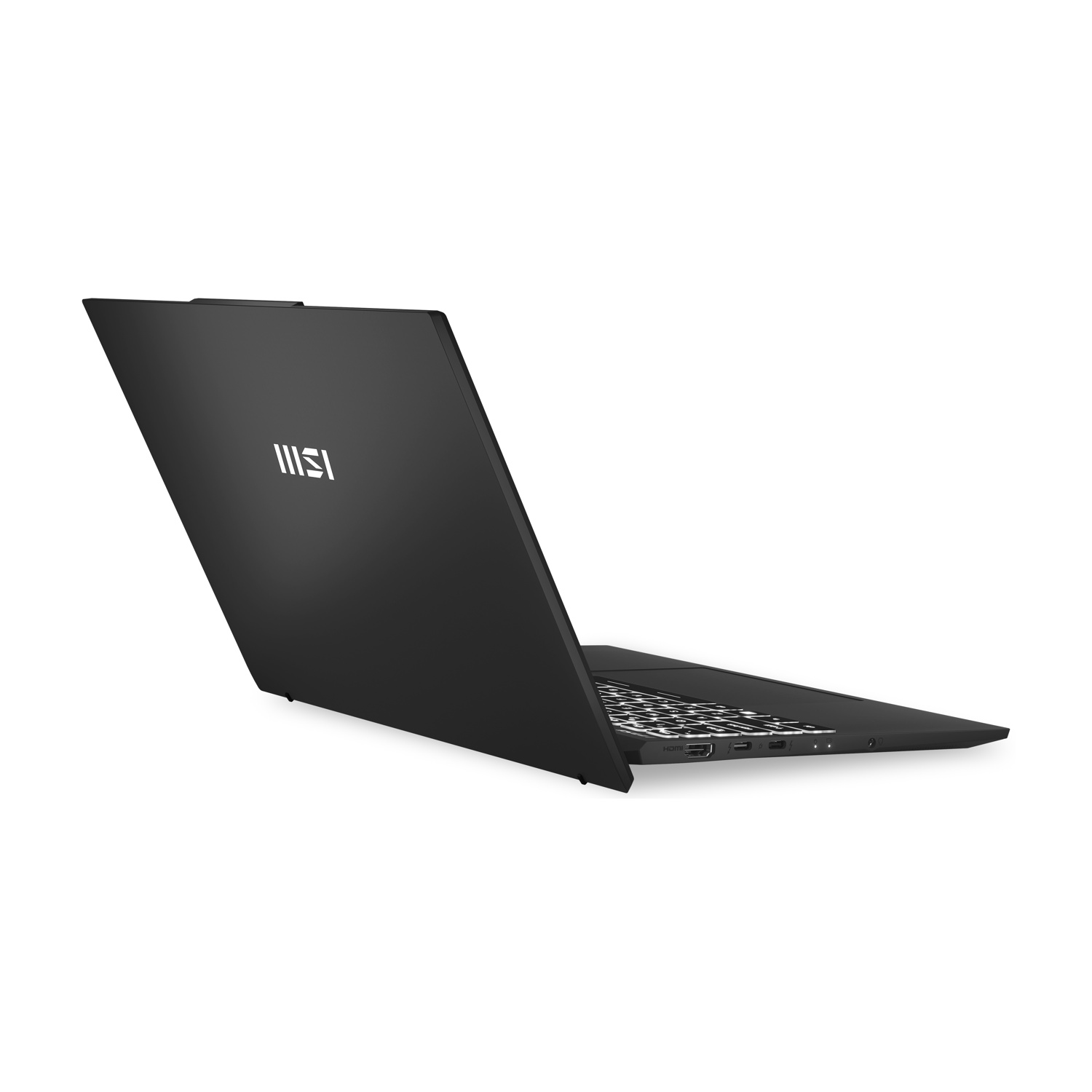 Laptop nero, parzialmente aperto, con logo MSI visibile sul coperchio.