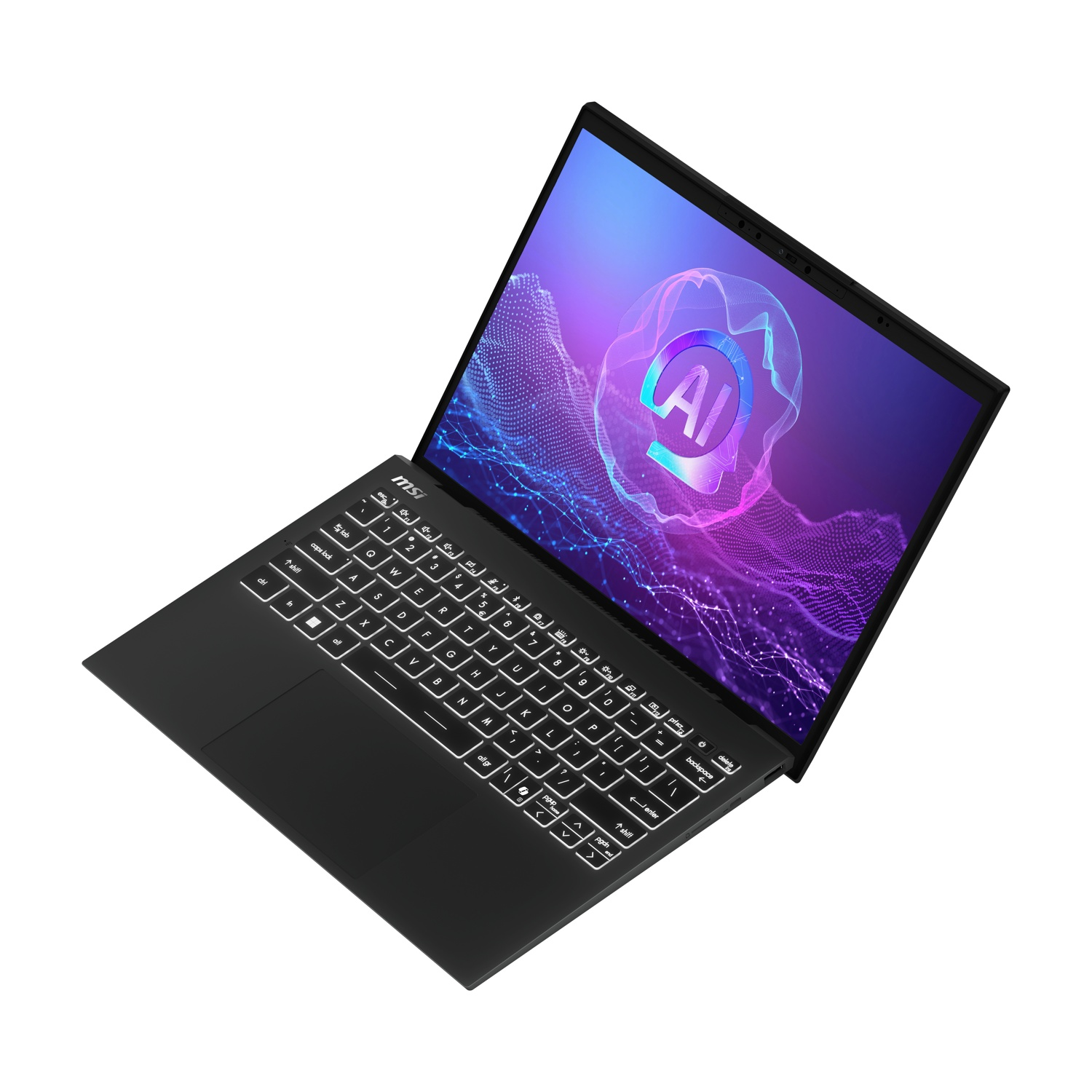 Laptop nero con tastiera illuminata e logo AI sullo schermo.