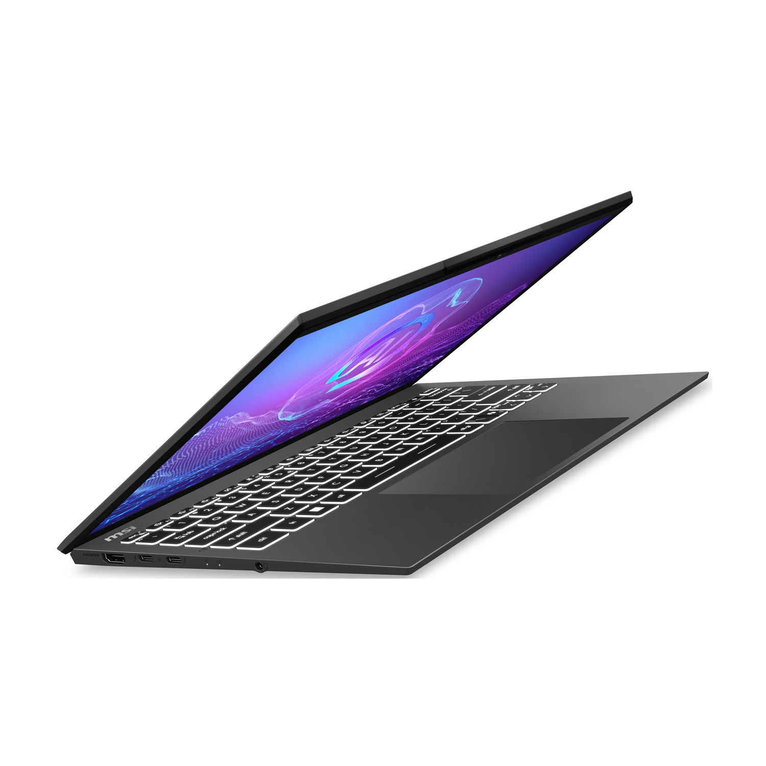 Laptop nero su sfondo bianco con tastiera retroilluminata e schermo colorato.