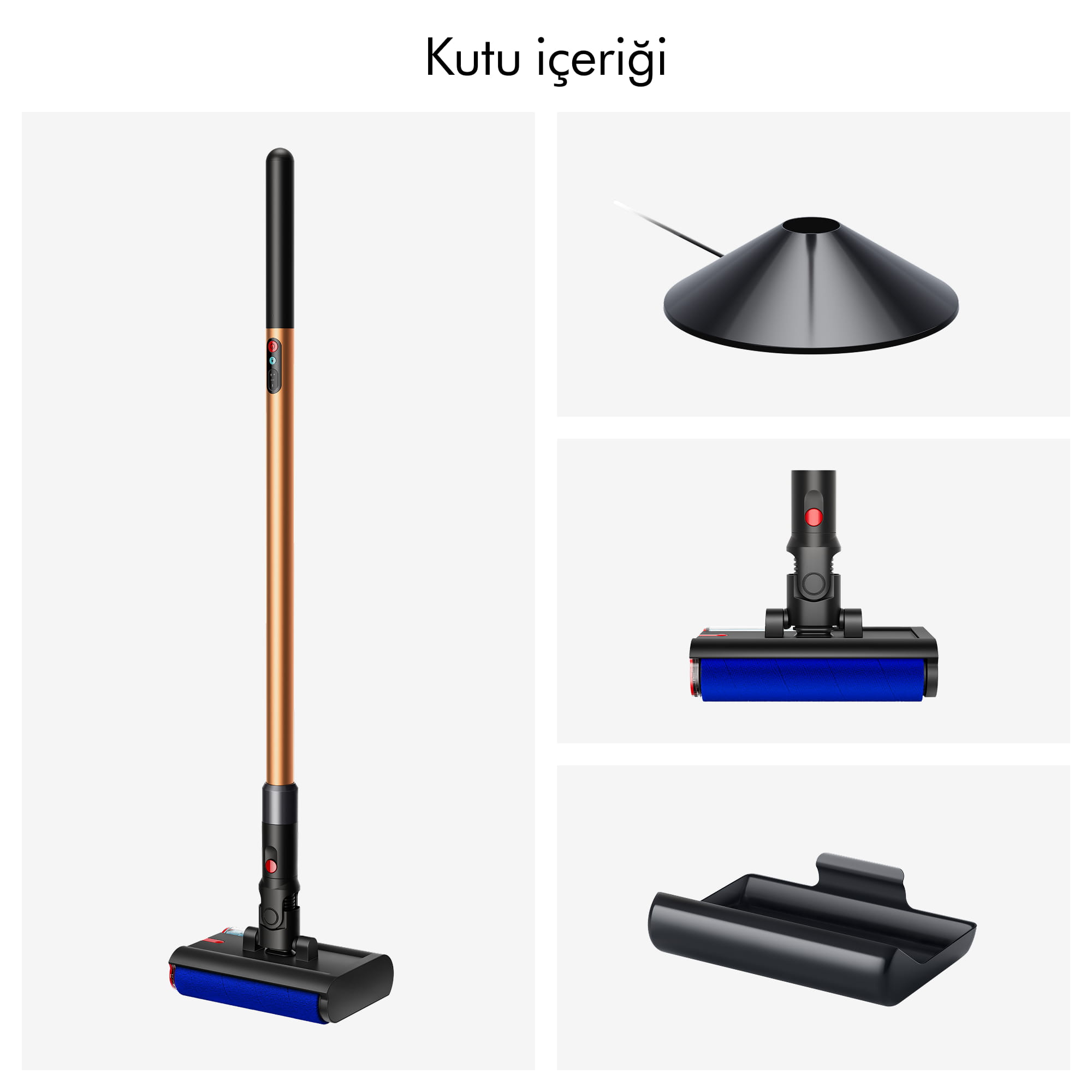 Altın rengi elektrikli süpürge, siyah saplı ve mavi fırçalı.
