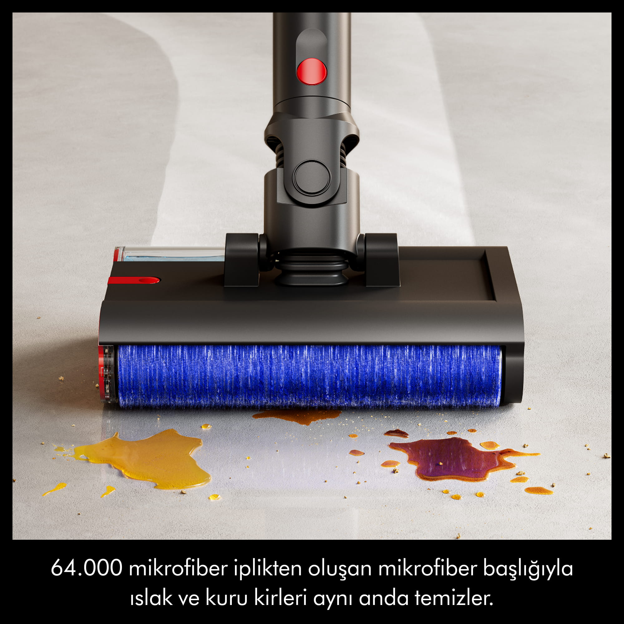 Mavi fırçalı elektrikli süpürge başlığı sıvı ve katı kirleri temizler.