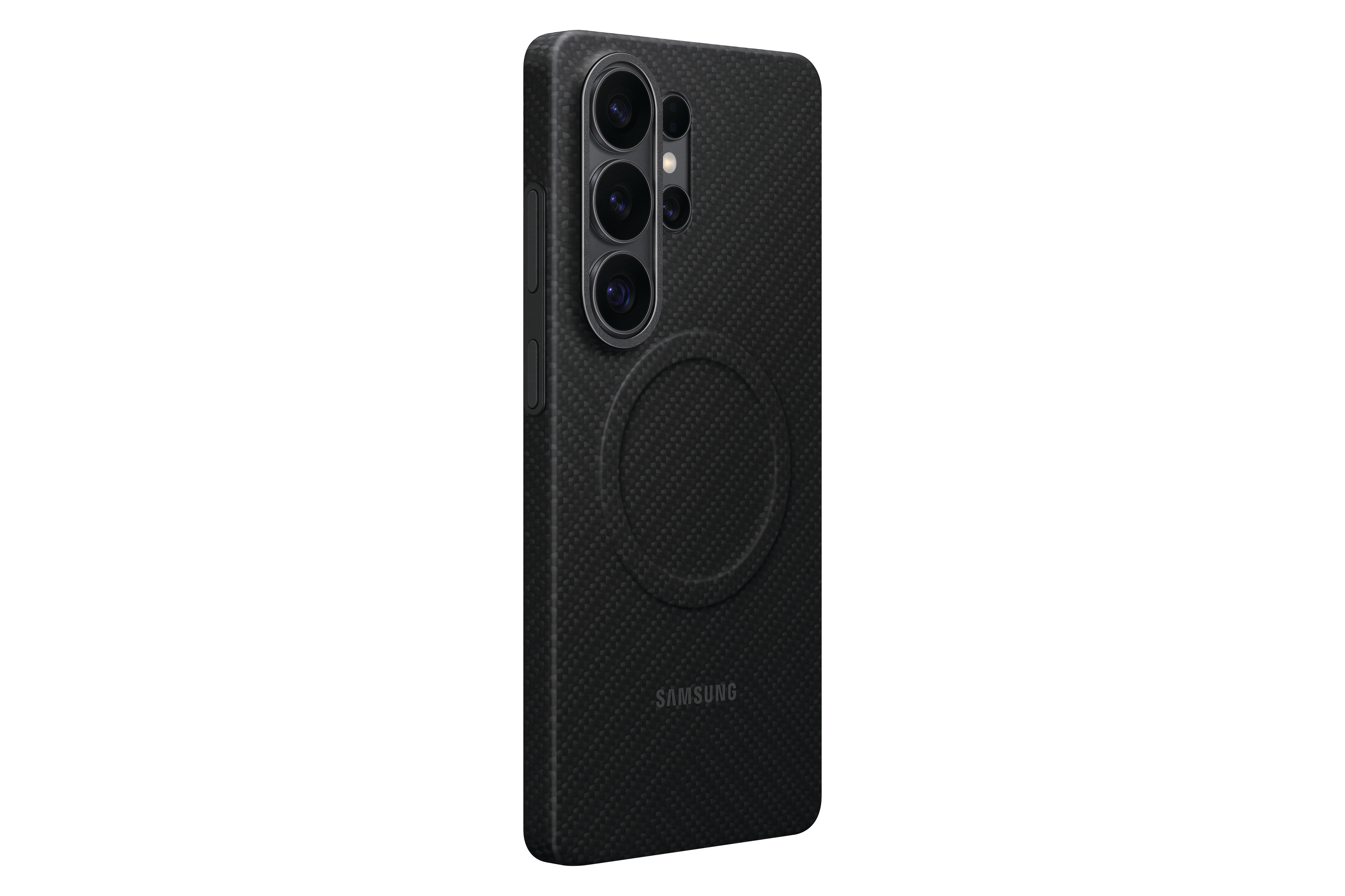 Schwarze Handyhülle mit Kameras und Samsung-Logo.