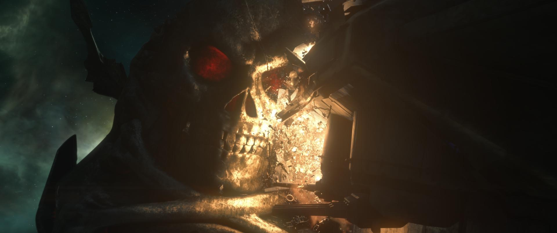Ein riesiger Totenkopf mit roten Augen zerbricht in einem dunklen Weltraum.