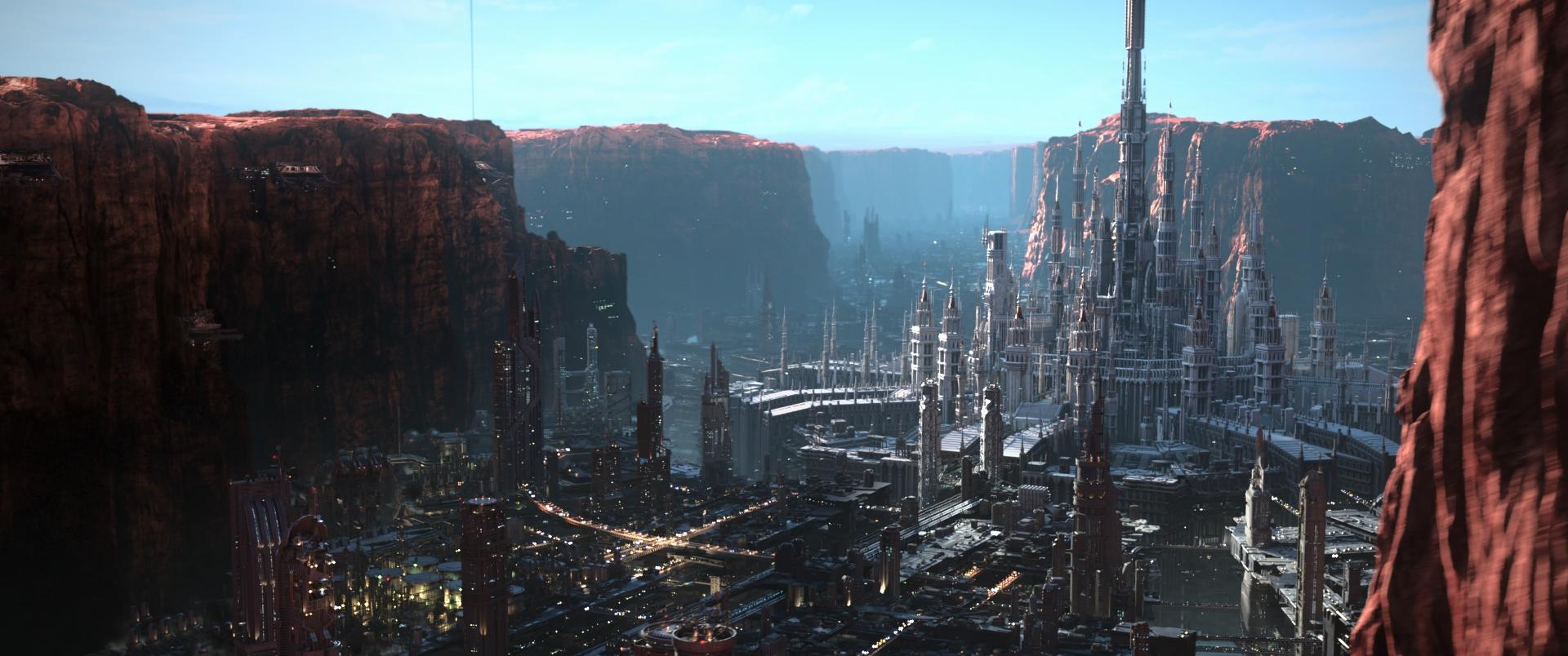 Futuristische Stadt in einer Schlucht mit hohen Türmen und roten Felswänden.
