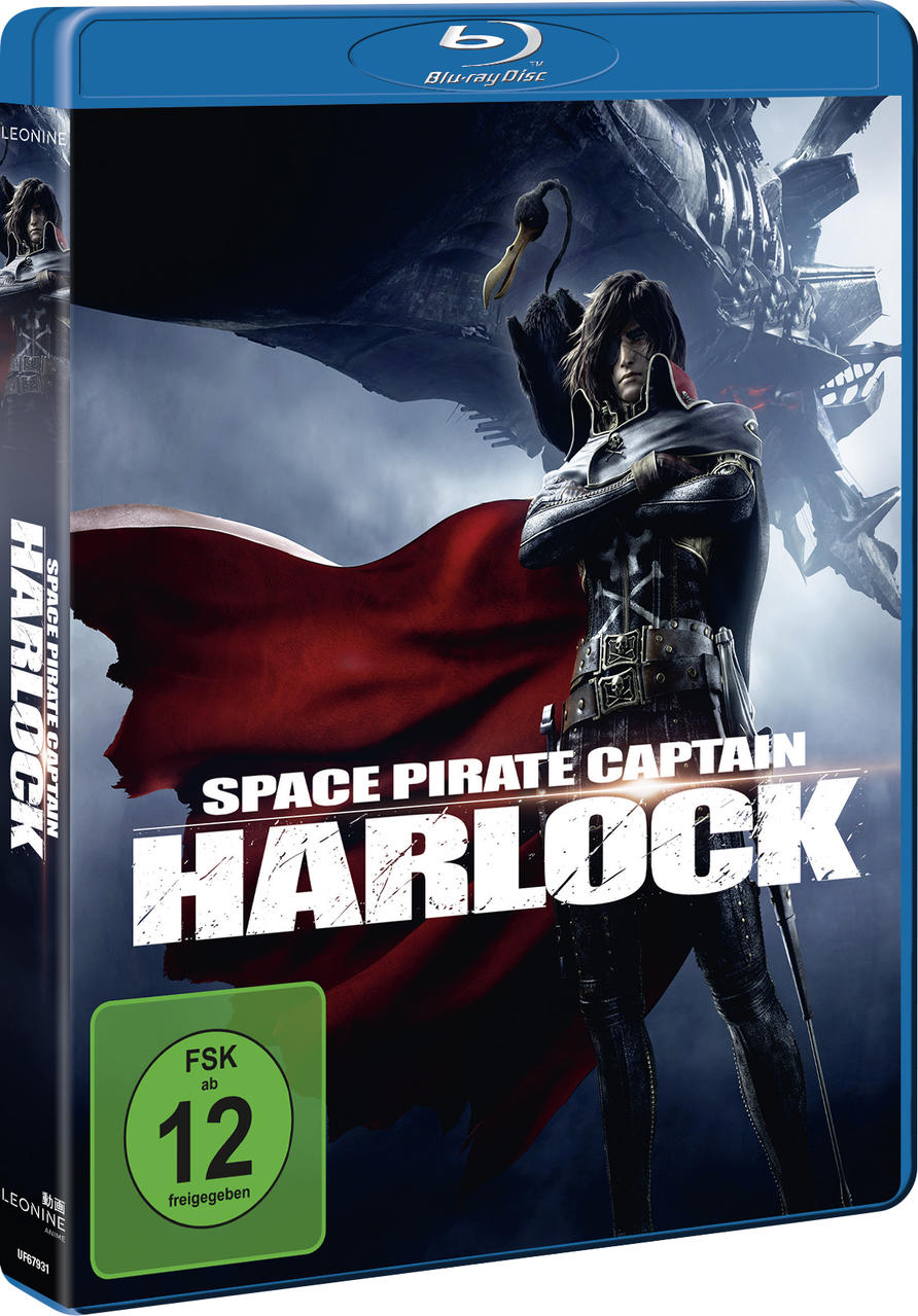 Space Pirate Captain Harlock Blu-ray Cover mit Mann in Rüstung und rotem Umhang.